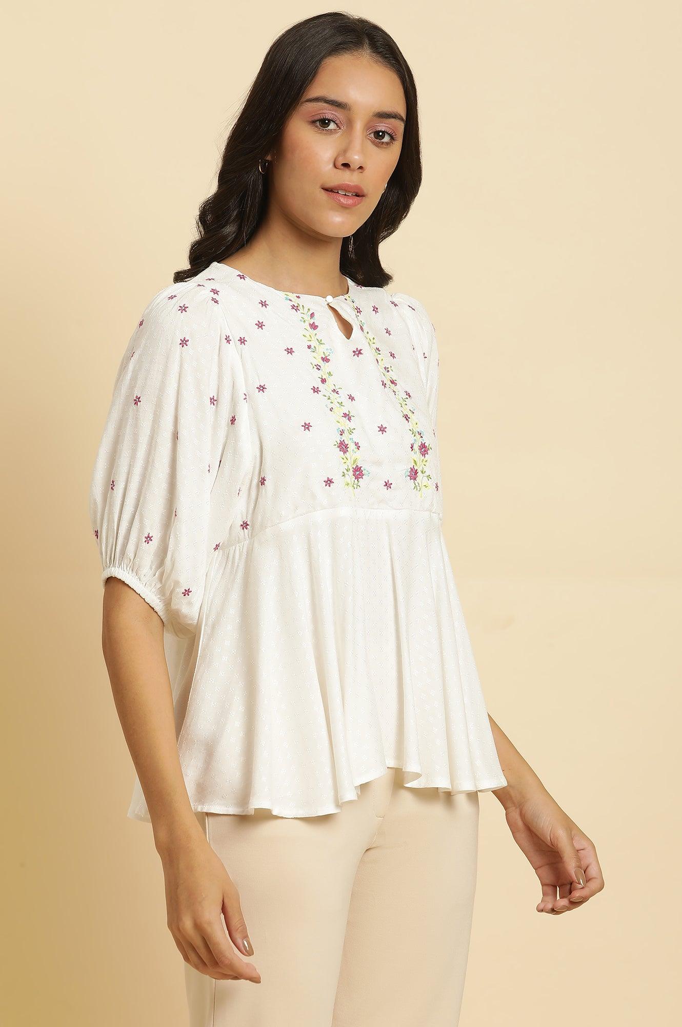 White Peplum Top With Embroidered Yoke - wforwoman