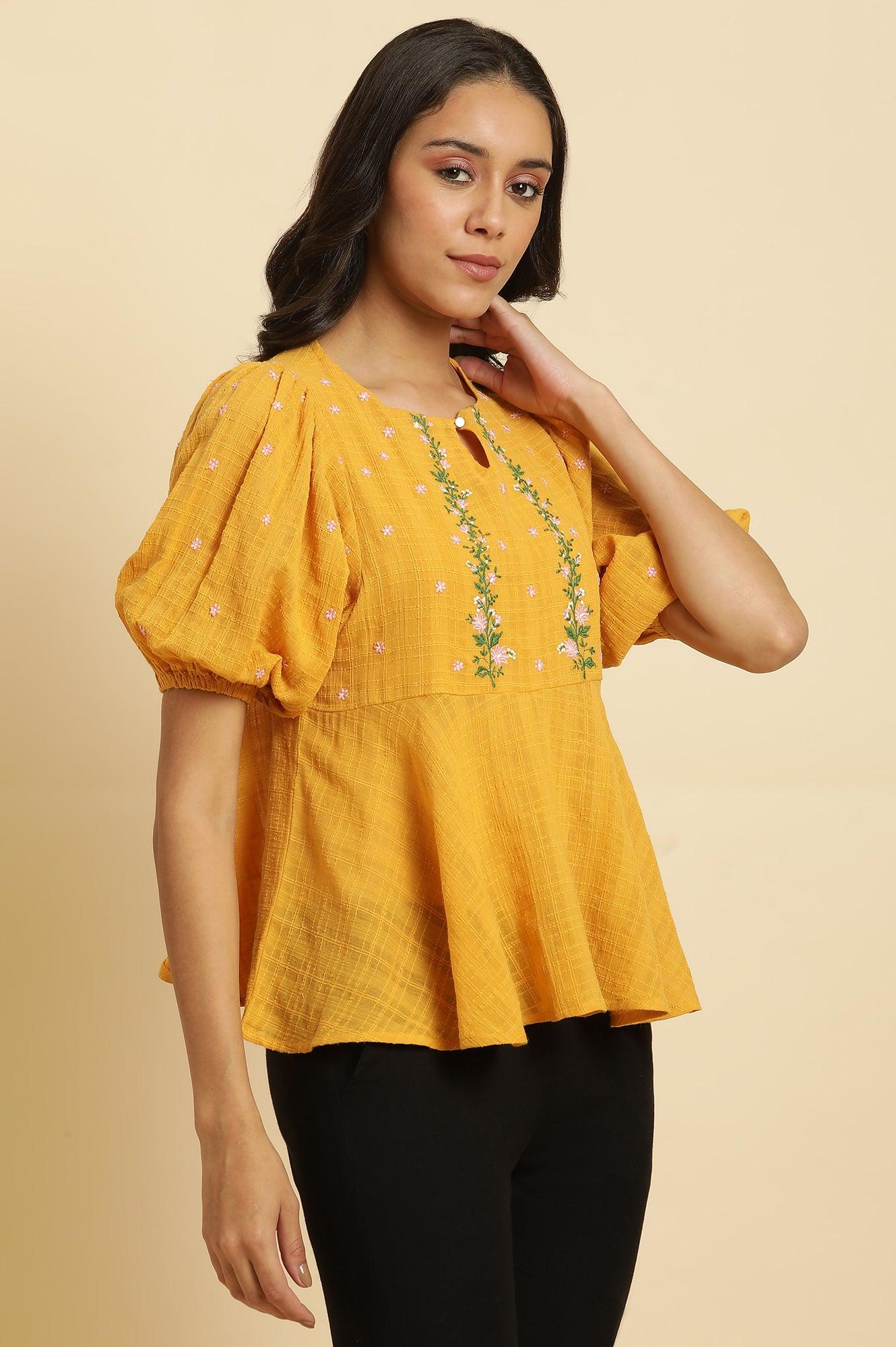 Yellow Peplum Top With Embroidered Yoke - wforwoman