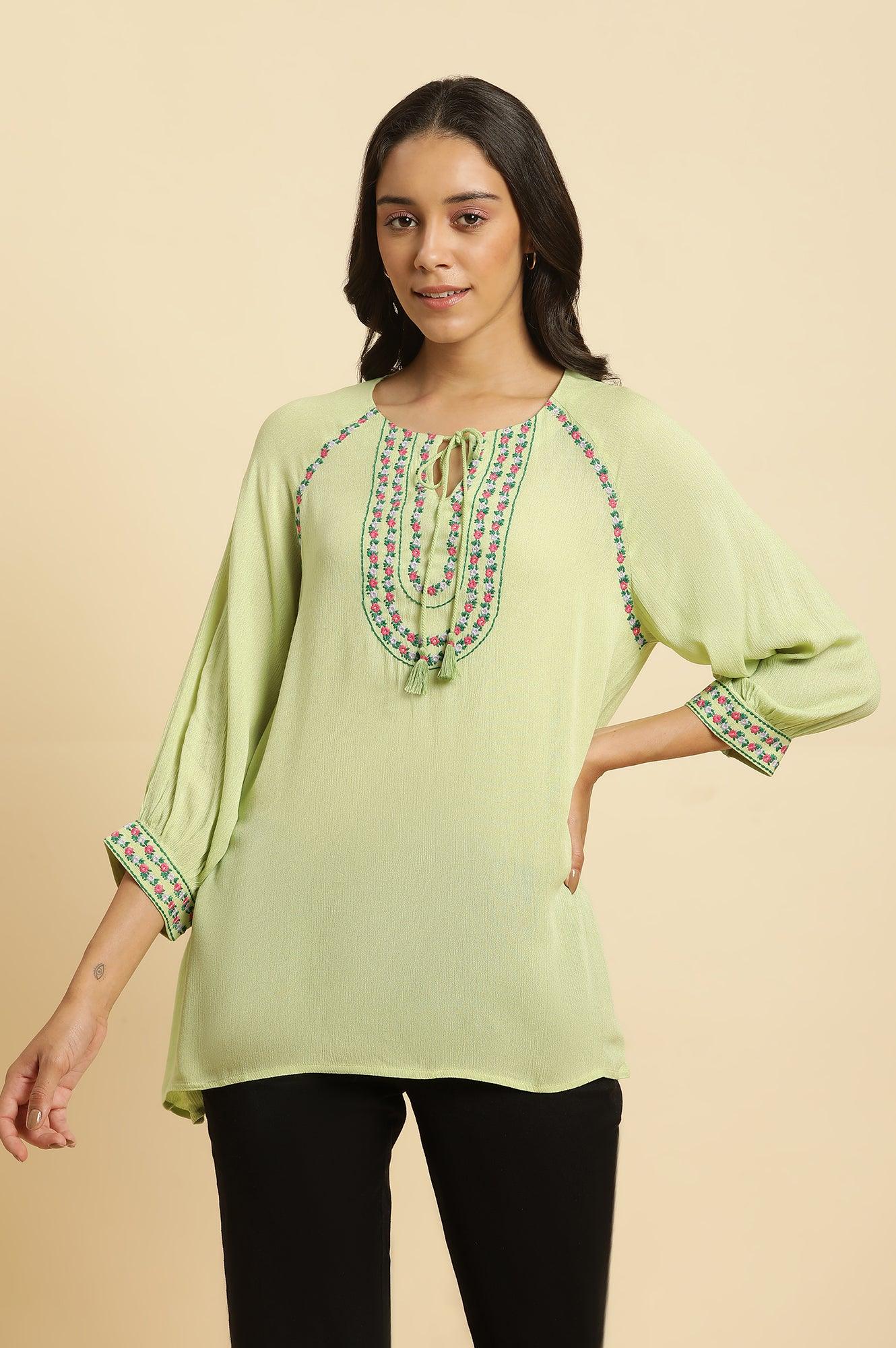 Sage Green Top With Embroidered Yoke - wforwoman
