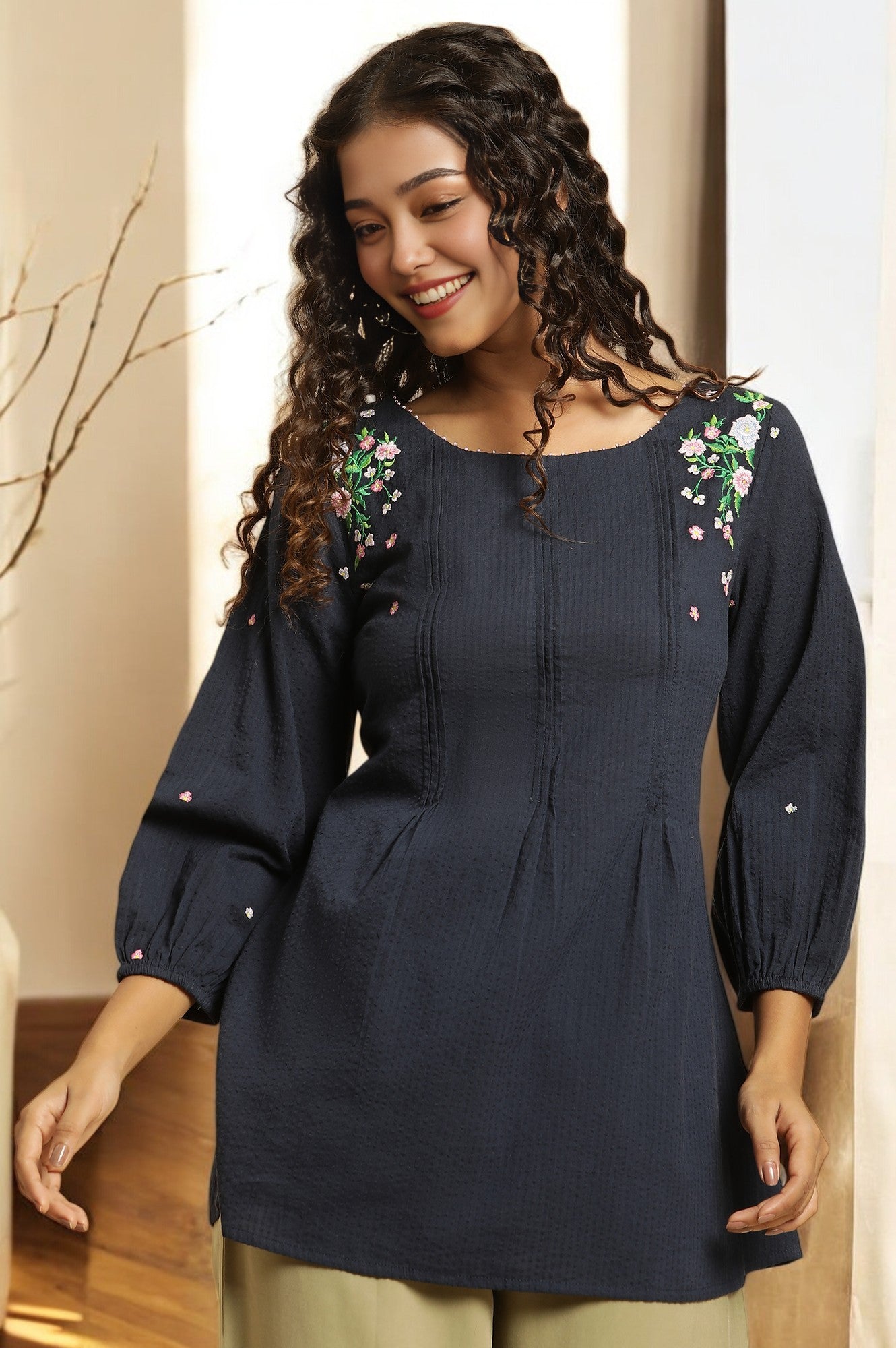 Navy Front Pleated Embroidered Pure Cotton Straight Top