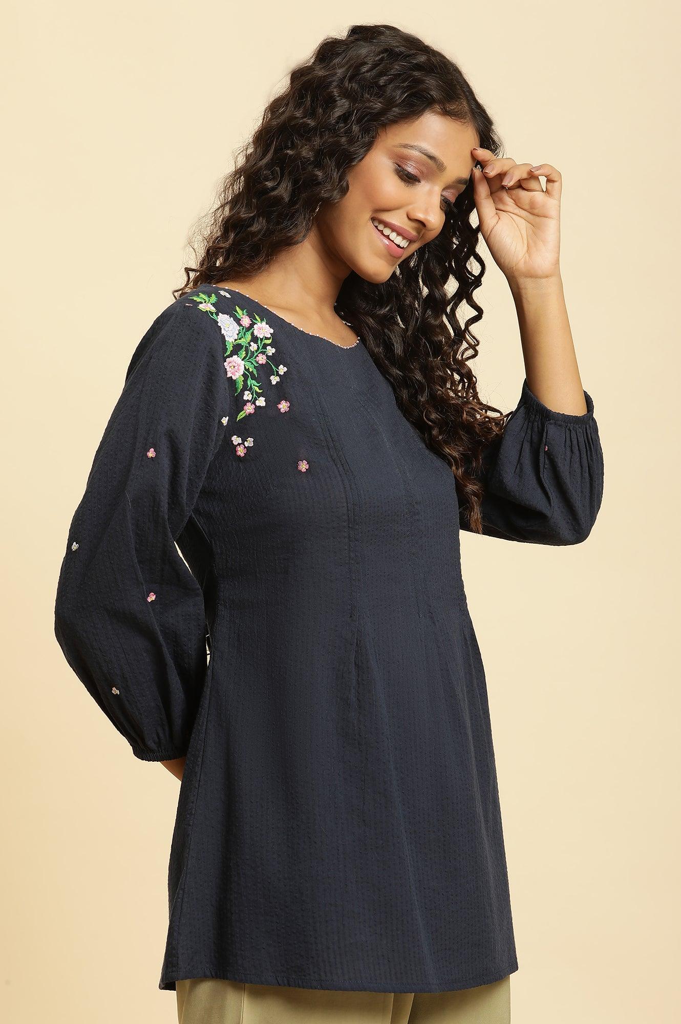 Navy Front Pleated Top With Embroidery - wforwoman