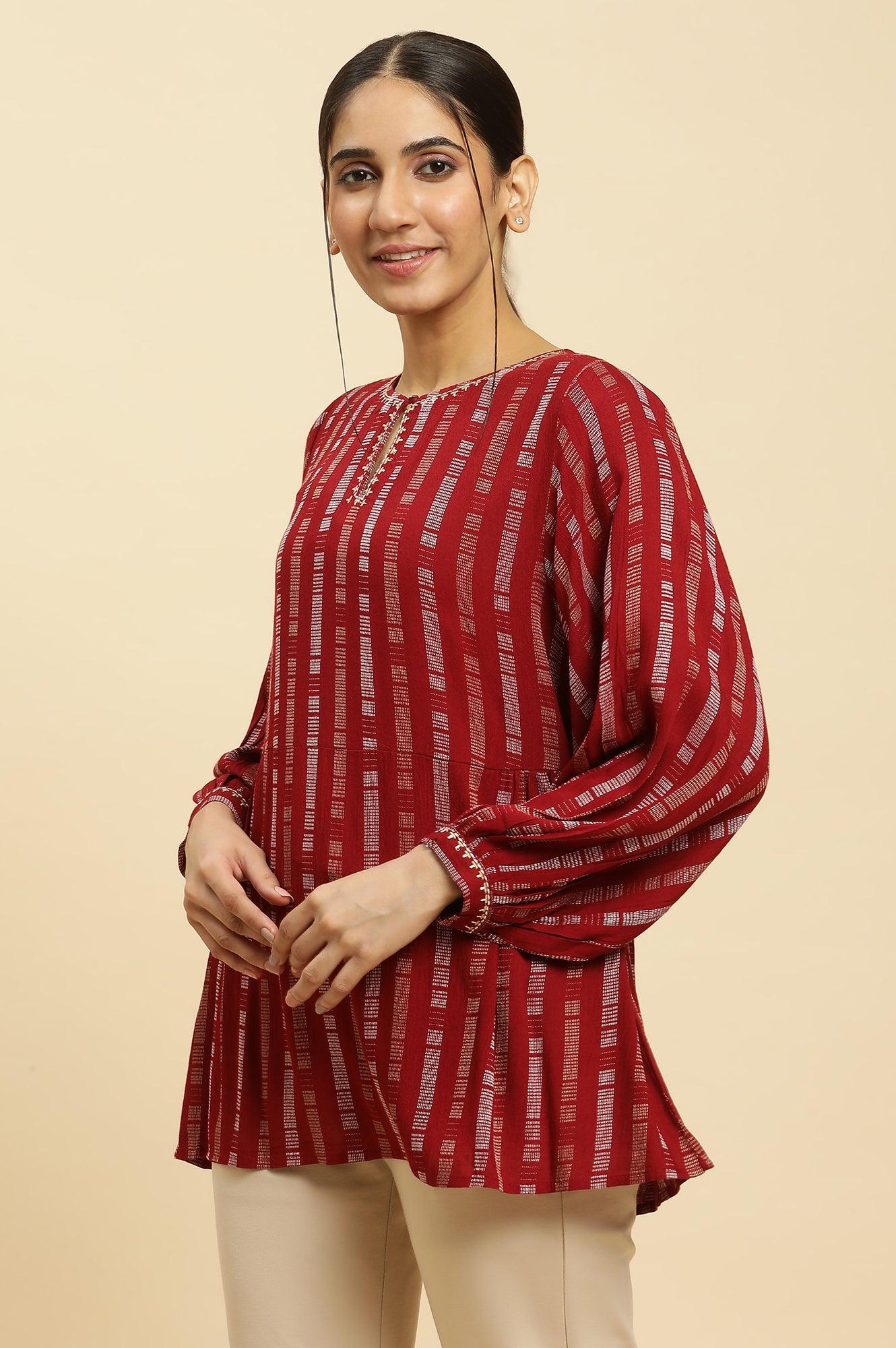 Maroon Gathered Top With Embroidery - wforwoman