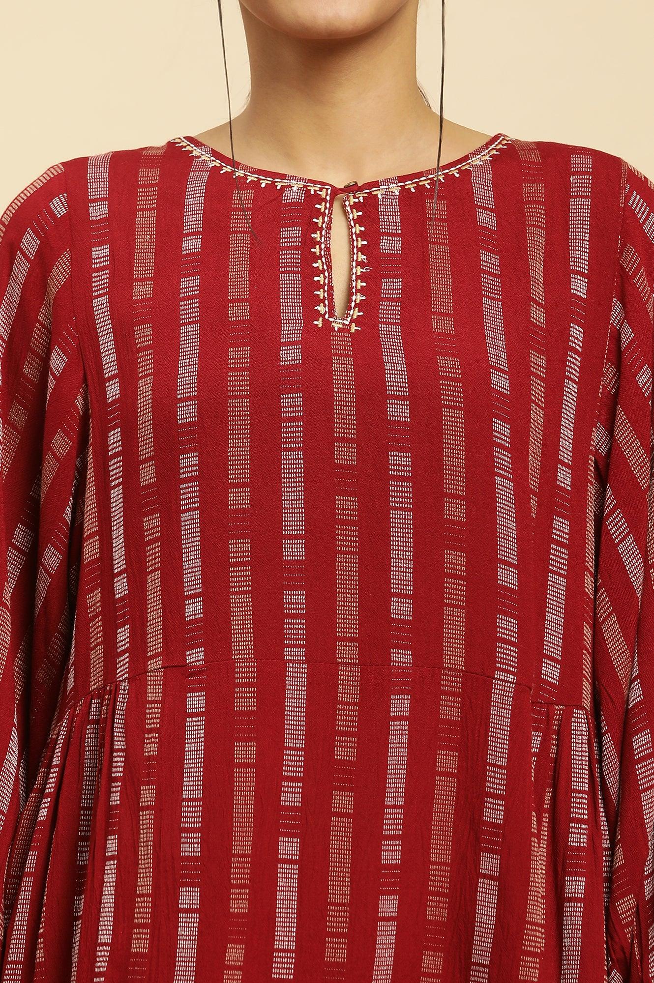 Maroon Gathered Top With Embroidery - wforwoman