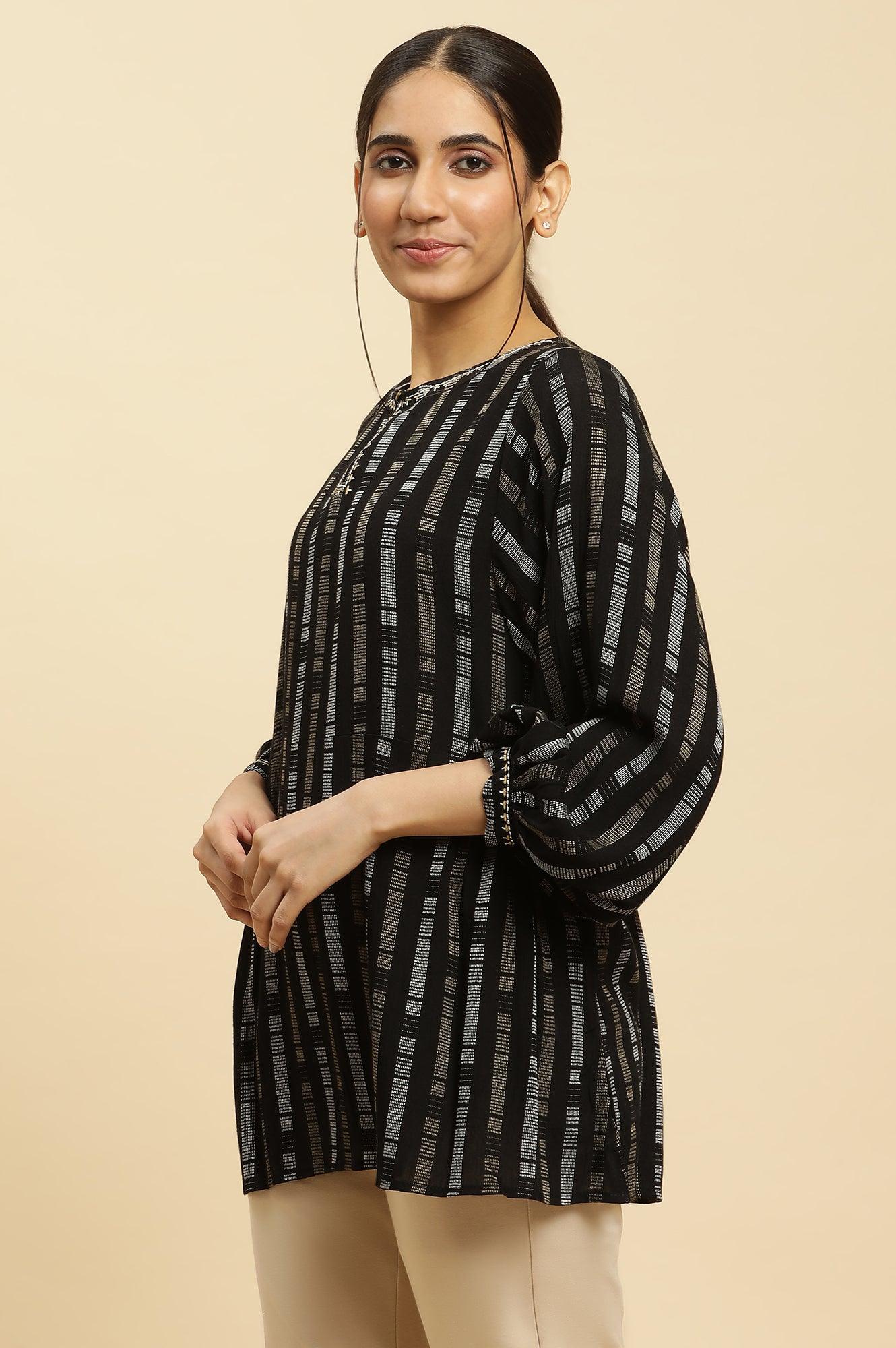Black Gathered Top With Embroidery - wforwoman