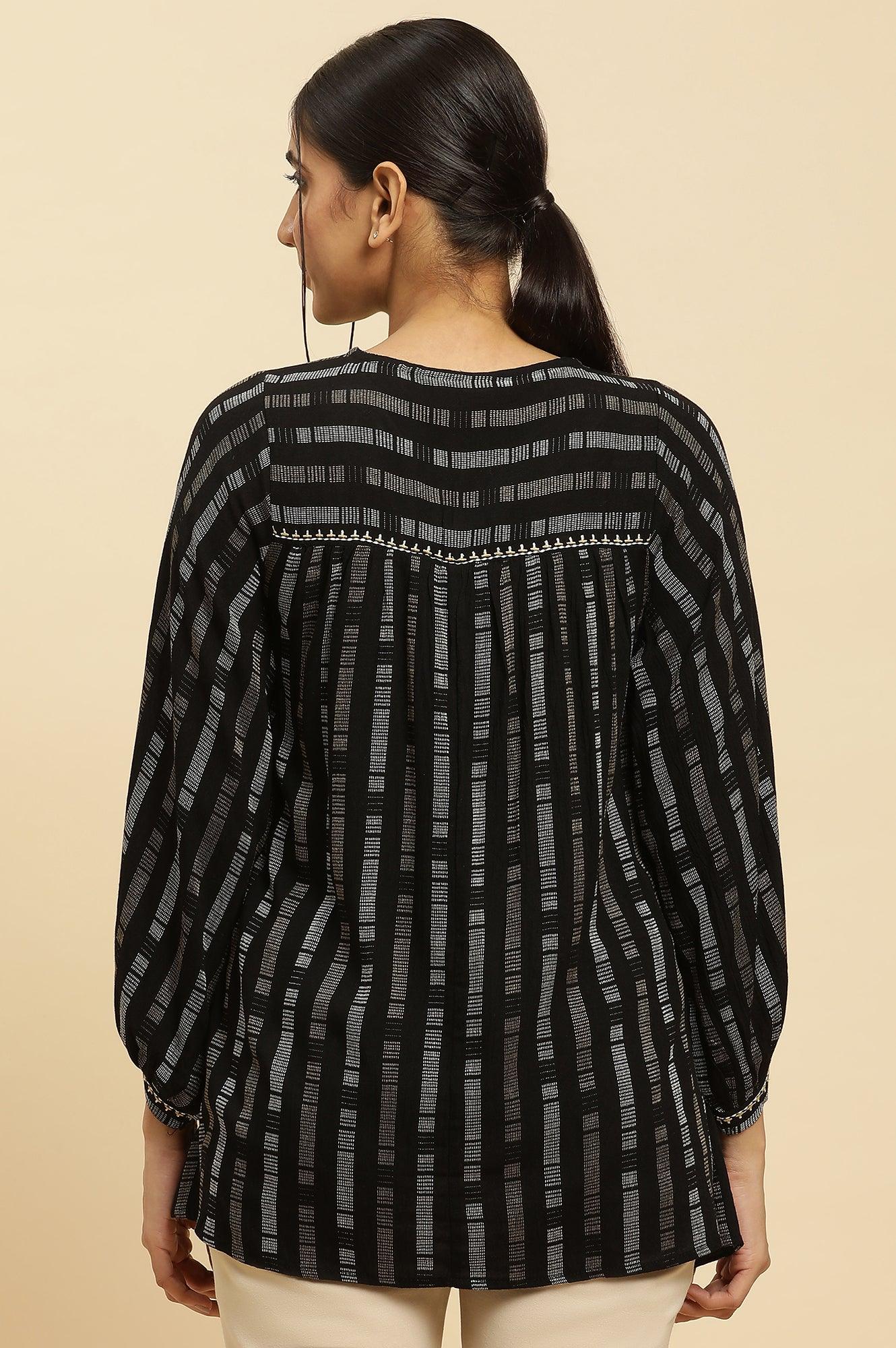 Black Gathered Top With Embroidery - wforwoman