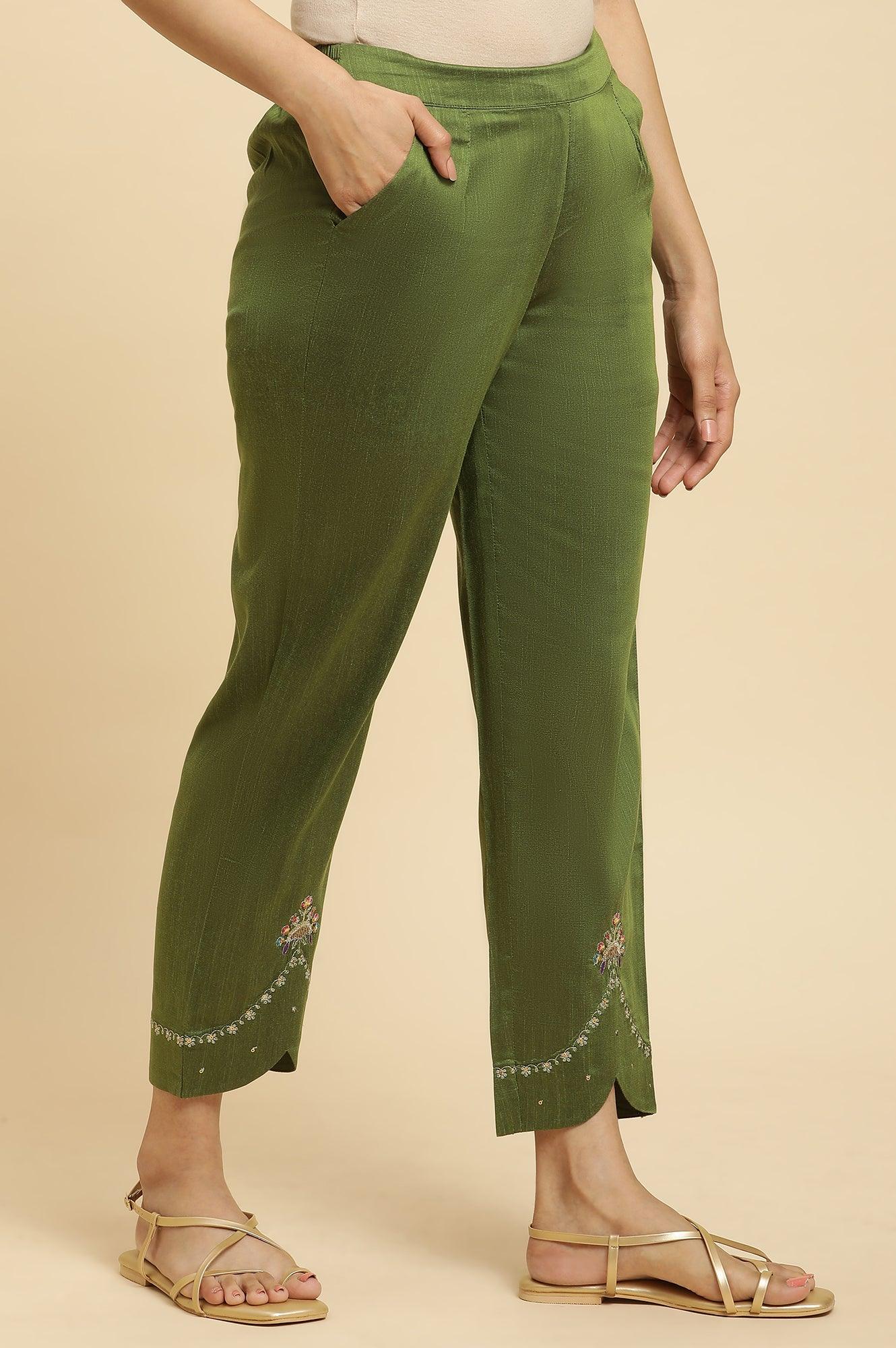 Olive Green Straight Pants With Embroidered Hemline - wforwoman