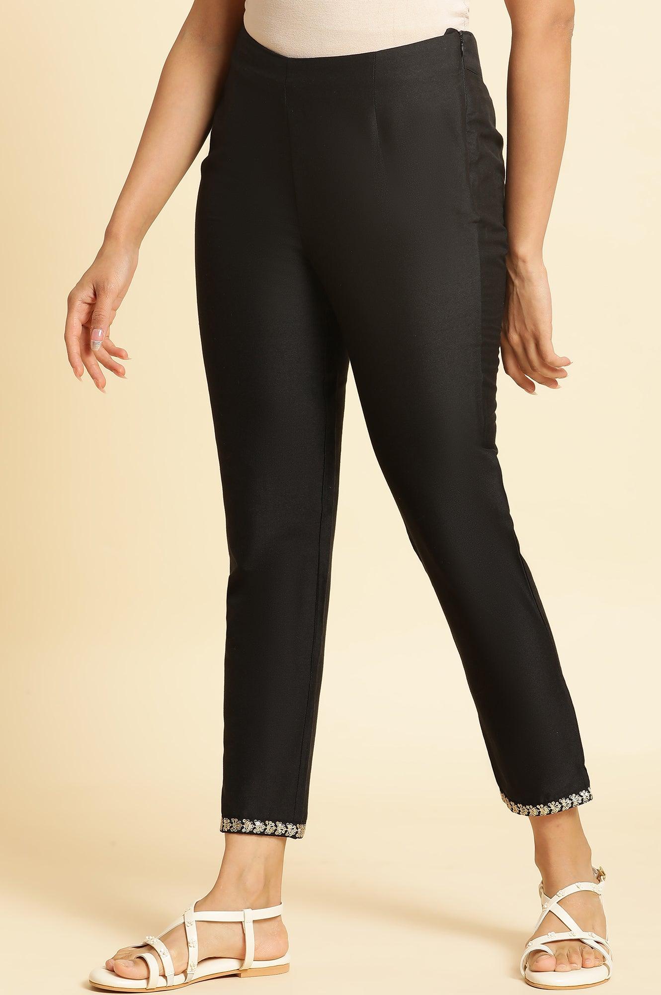 Black Silm Pants With Embroidered Border - wforwoman