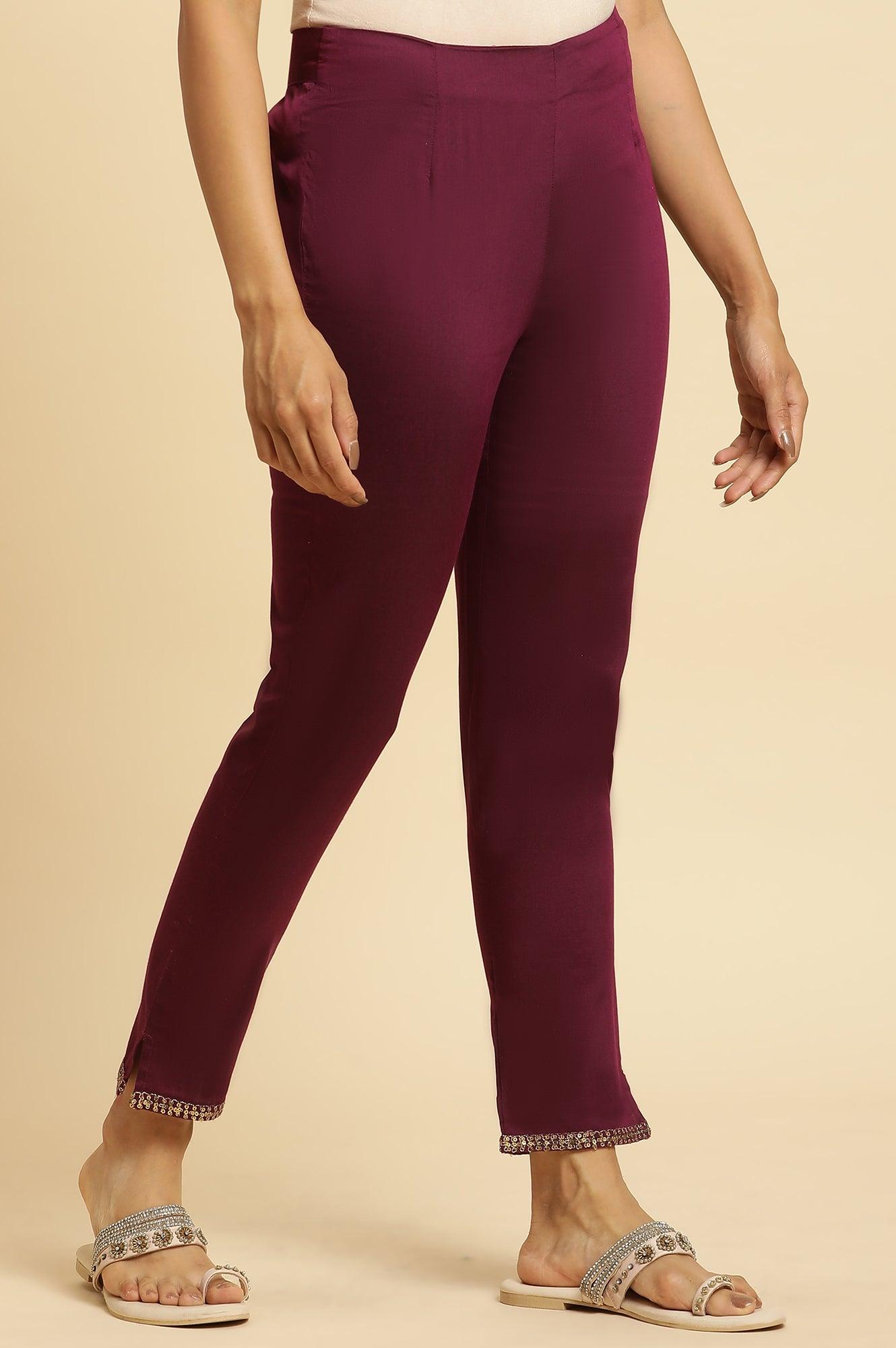 Purple Slim Pant With Embroidered Hemline - wforwoman