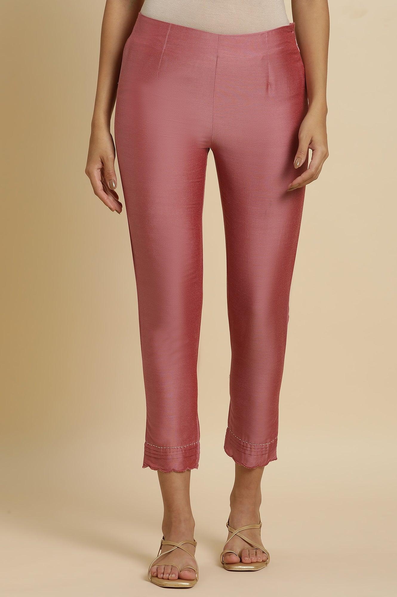Pink Festive Solid Slim Pants - wforwoman