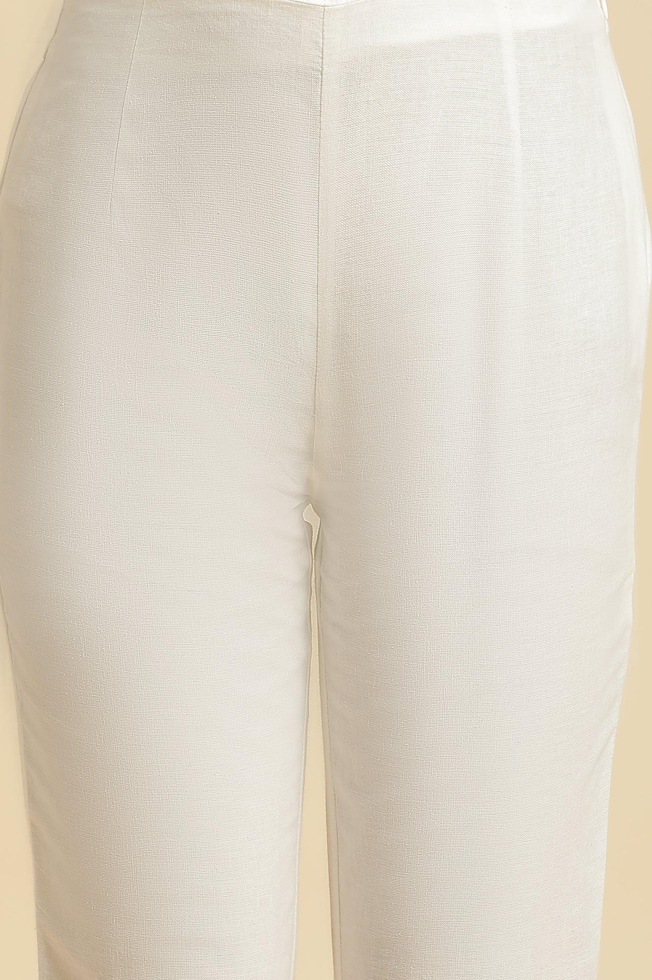 Ecru Slim Pants With Multi-Coloured Floral Embroidery - wforwoman