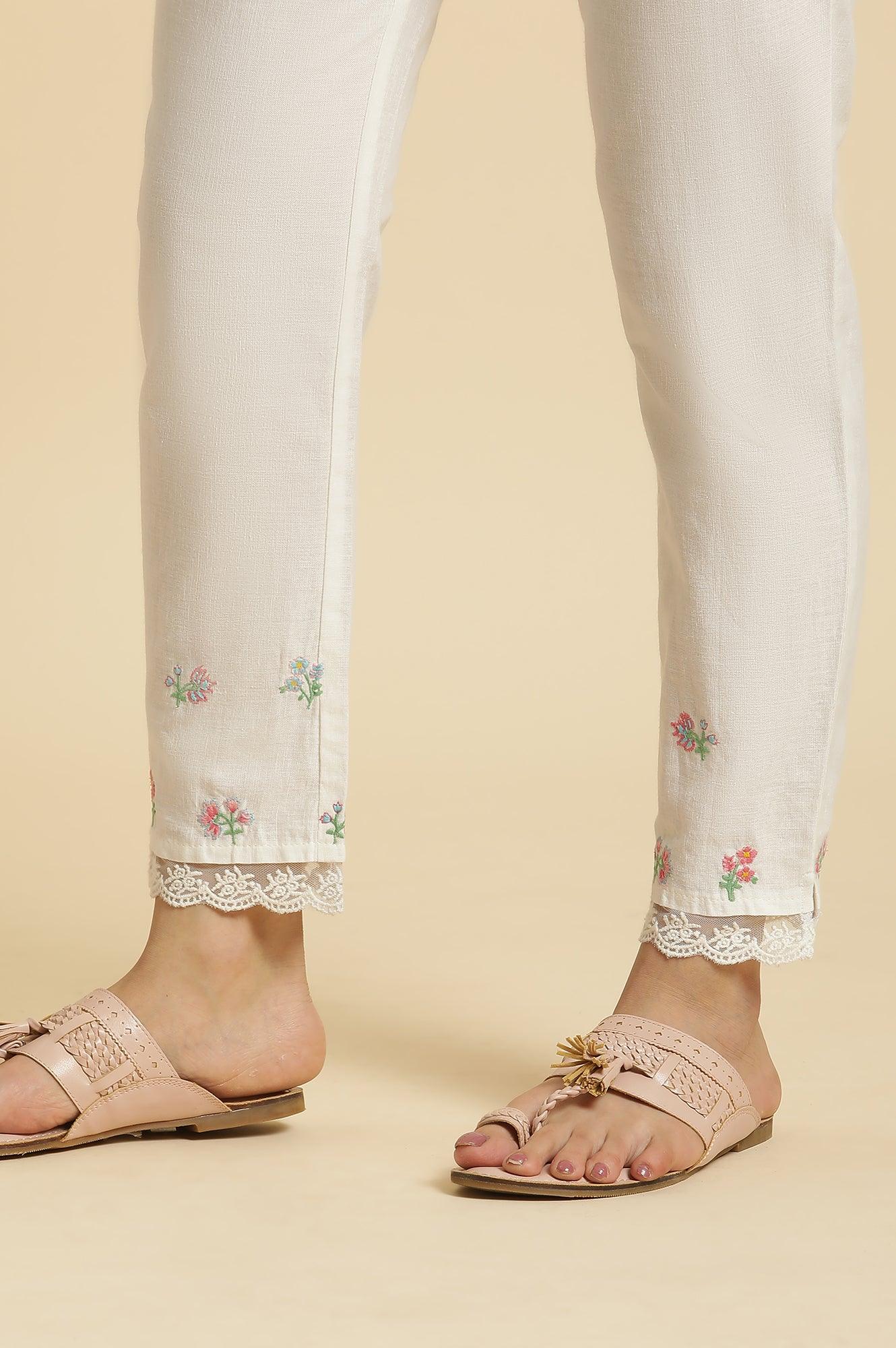 Ecru Slim Pants With Multi-Coloured Floral Embroidery - wforwoman