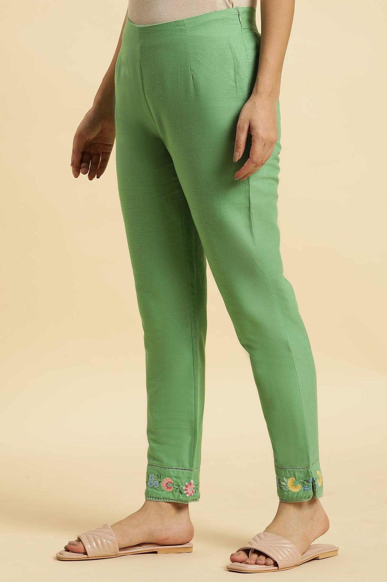 Green Slim Pants Wit Embroidery At Hem - wforwoman