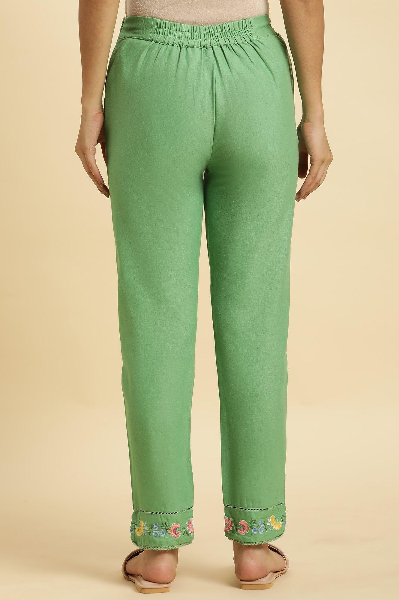 Green Slim Pants Wit Embroidery At Hem - wforwoman
