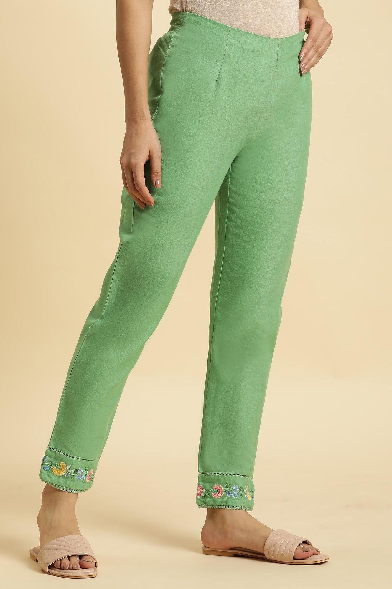 Green Slim Pants Wit Embroidery At Hem - wforwoman
