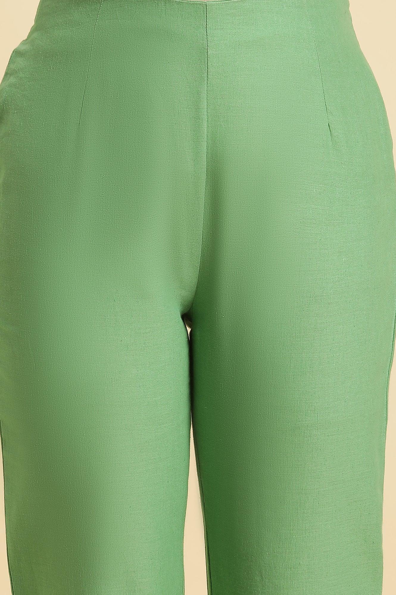 Green Slim Pants Wit Embroidery At Hem - wforwoman