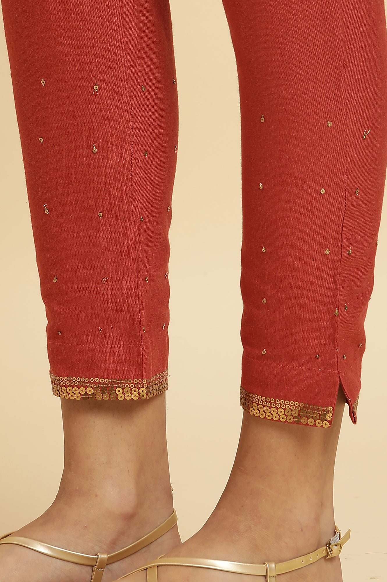 Red Solid Sequined Straight Cotton Slim Pant