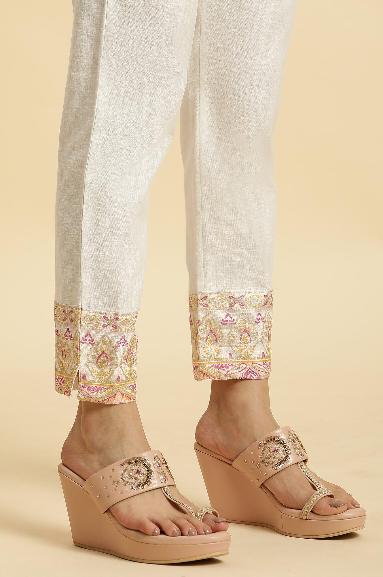 Ecru Solid Slim Pants With Printed Kota Border - wforwoman