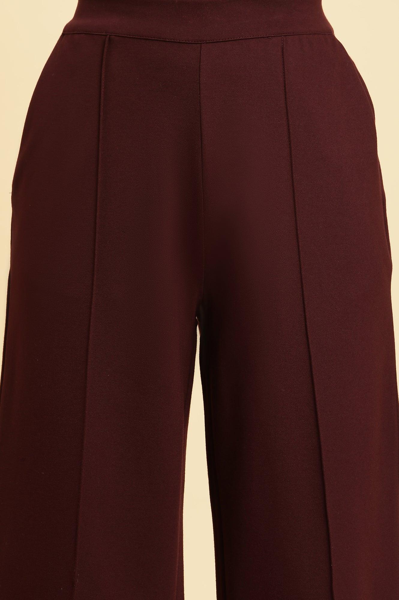 Wine Pin Tuck Trouser Pants - wforwoman