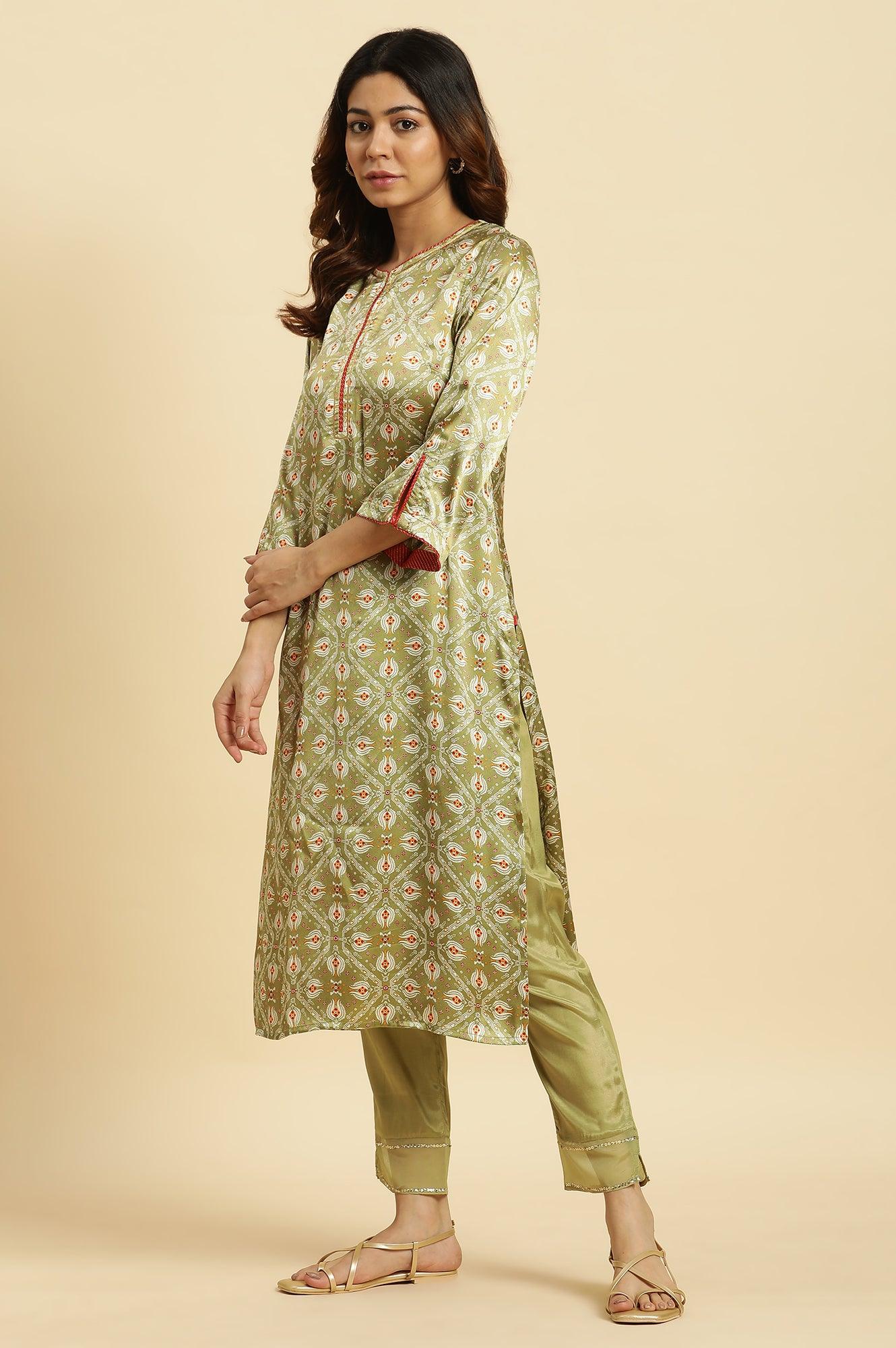 Green Solid Slim Pants With Organza Insert - wforwoman