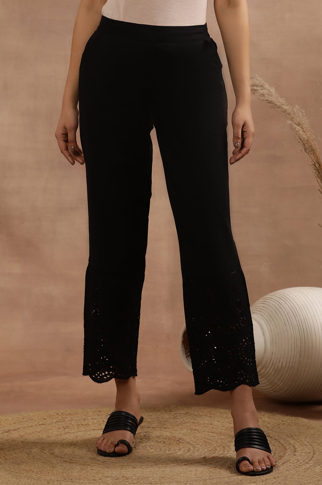 Buy Black Schiffli Straight Pants Online for Woman | WforWoman Buy Black Schiffli Straight Pants Online for Woman | WforWoman