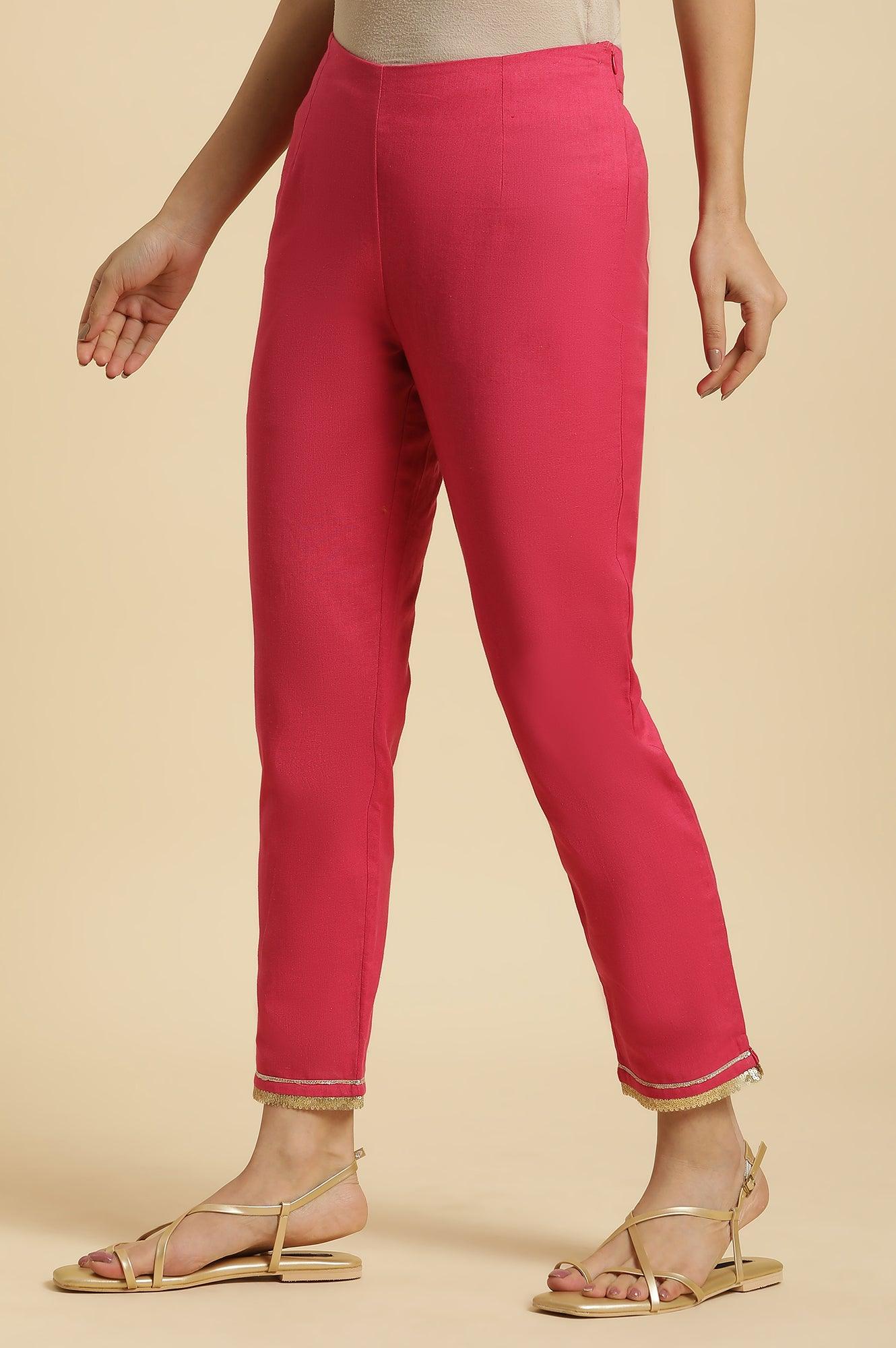 Pink Solid Pants With Gota Trim At Hem - wforwoman