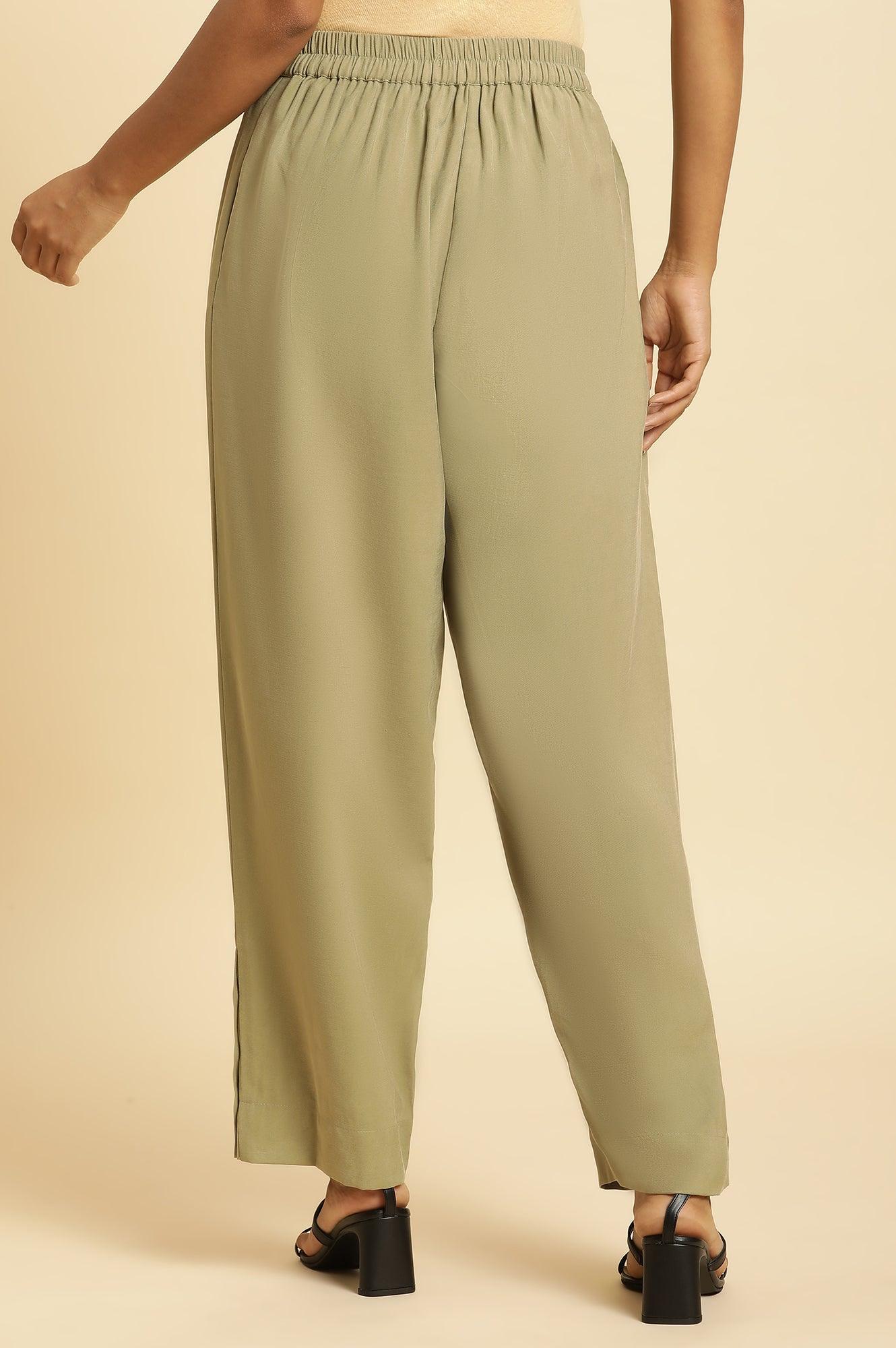 Green Taper Pleated Trouser With Buttom On Hemline - wforwoman