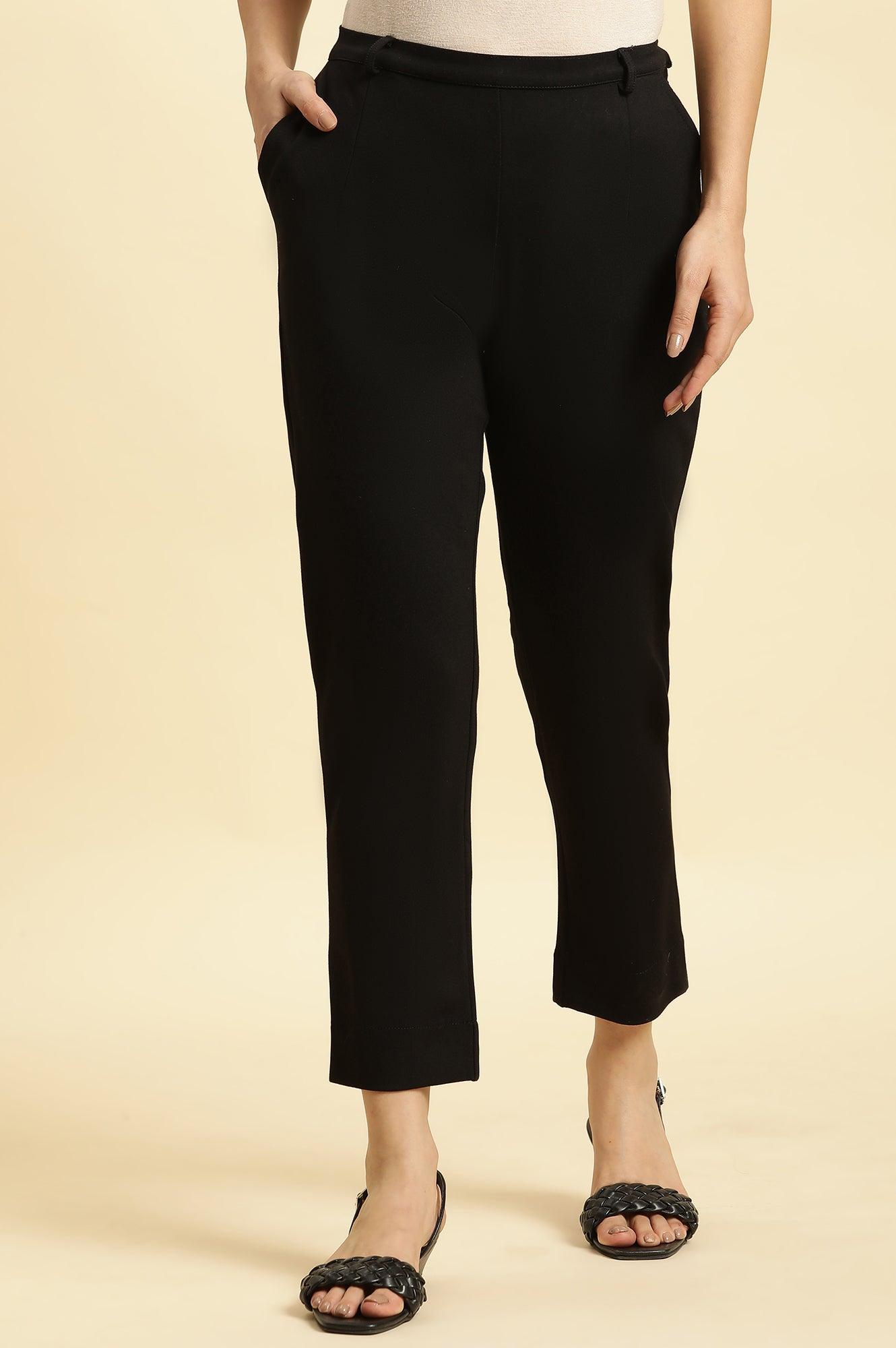 Black Slim Fit Elasticated Western Pants - wforwoman