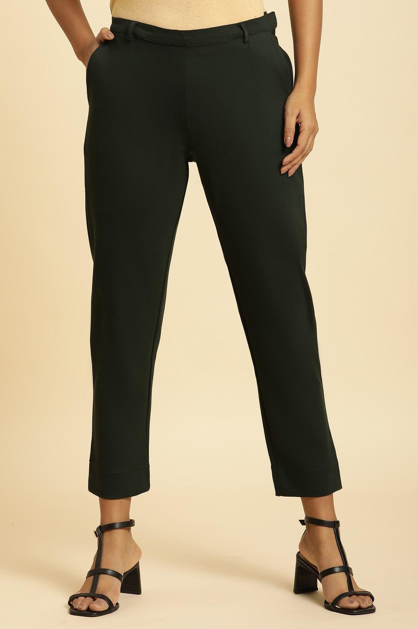 Dark Green Slim Fit Elasticated Western Pants - wforwoman