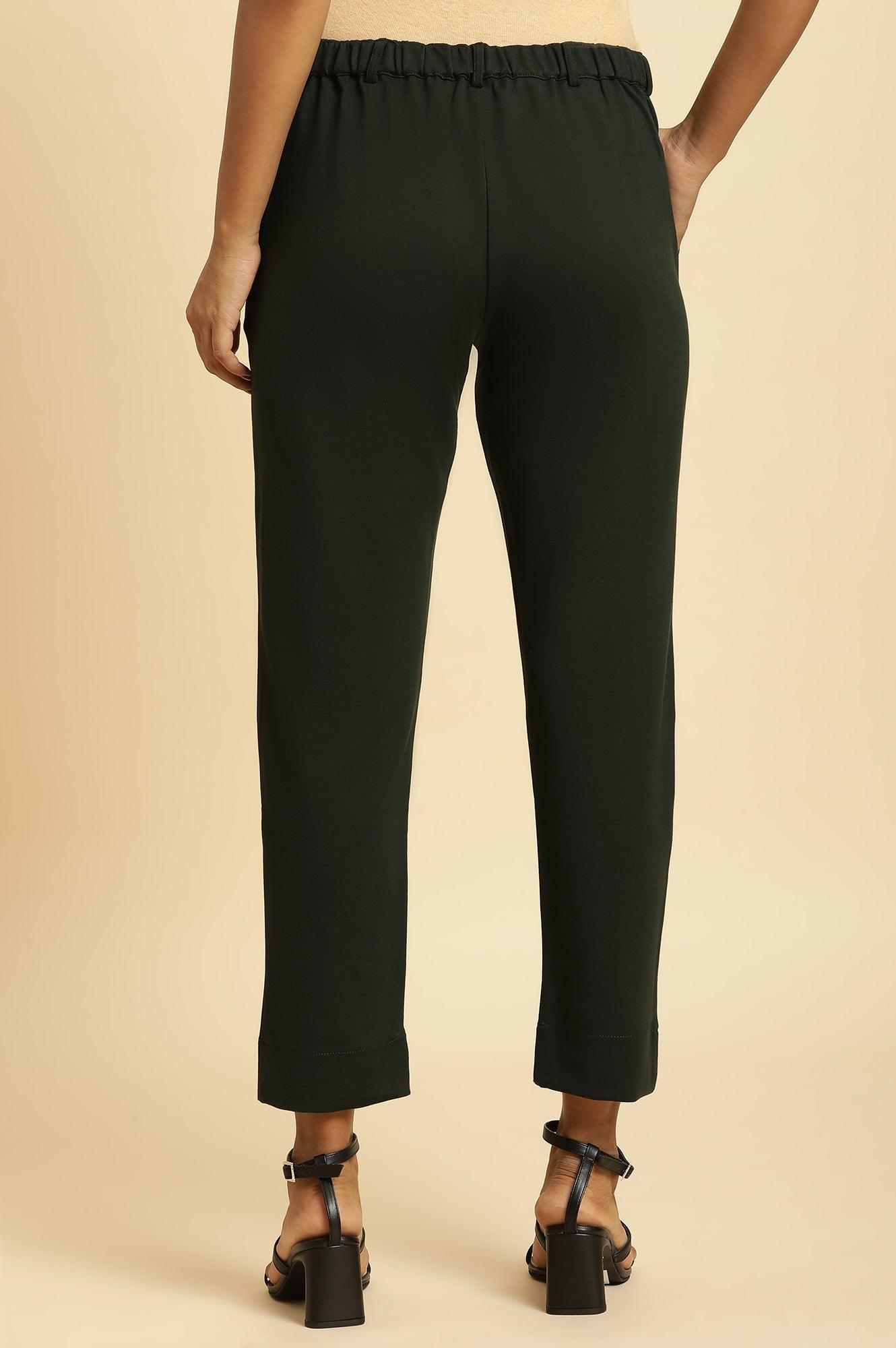 Dark Green Slim Fit Elasticated Western Pants - wforwoman