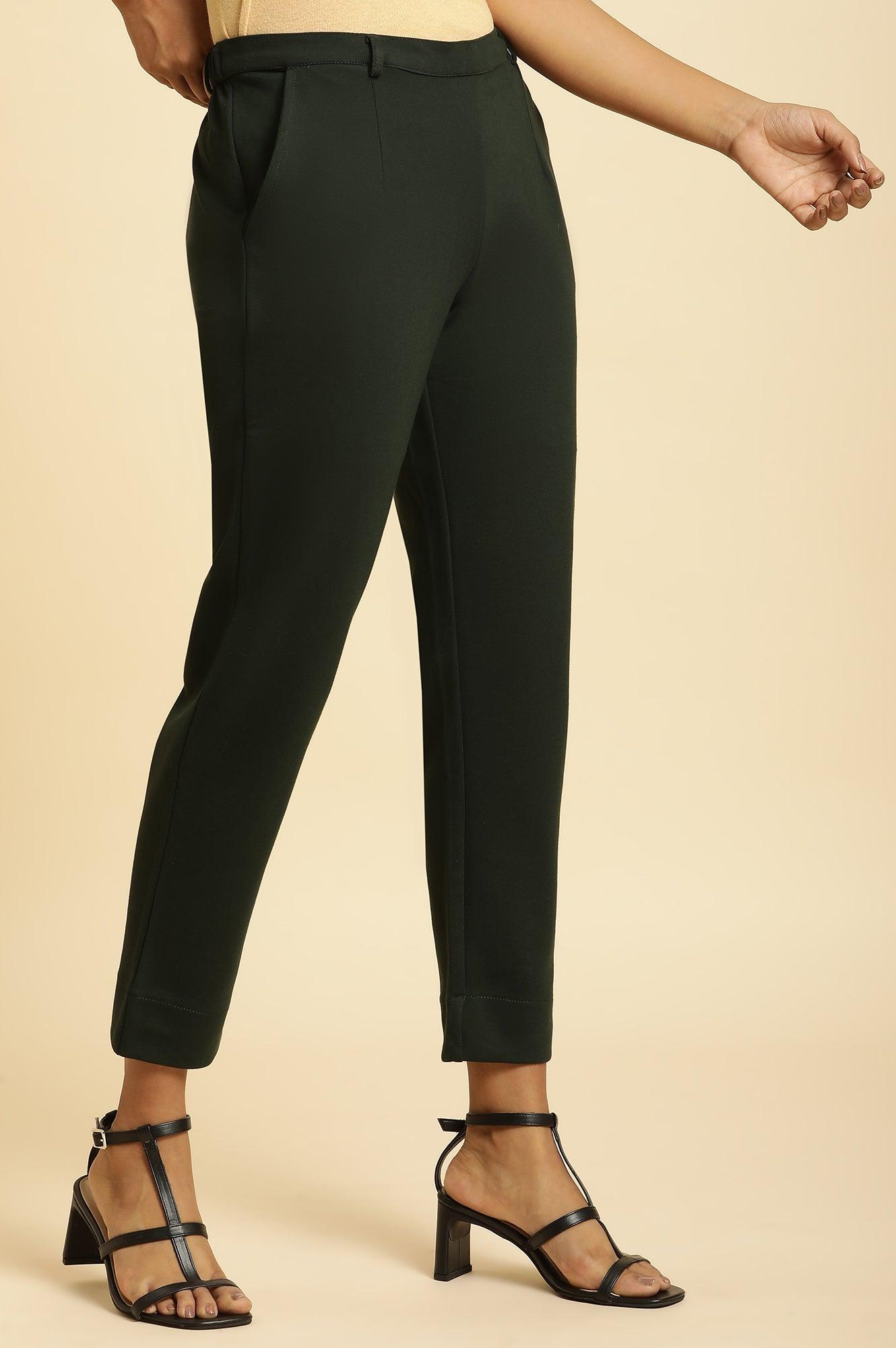 Dark Green Slim Fit Elasticated Western Pants - wforwoman