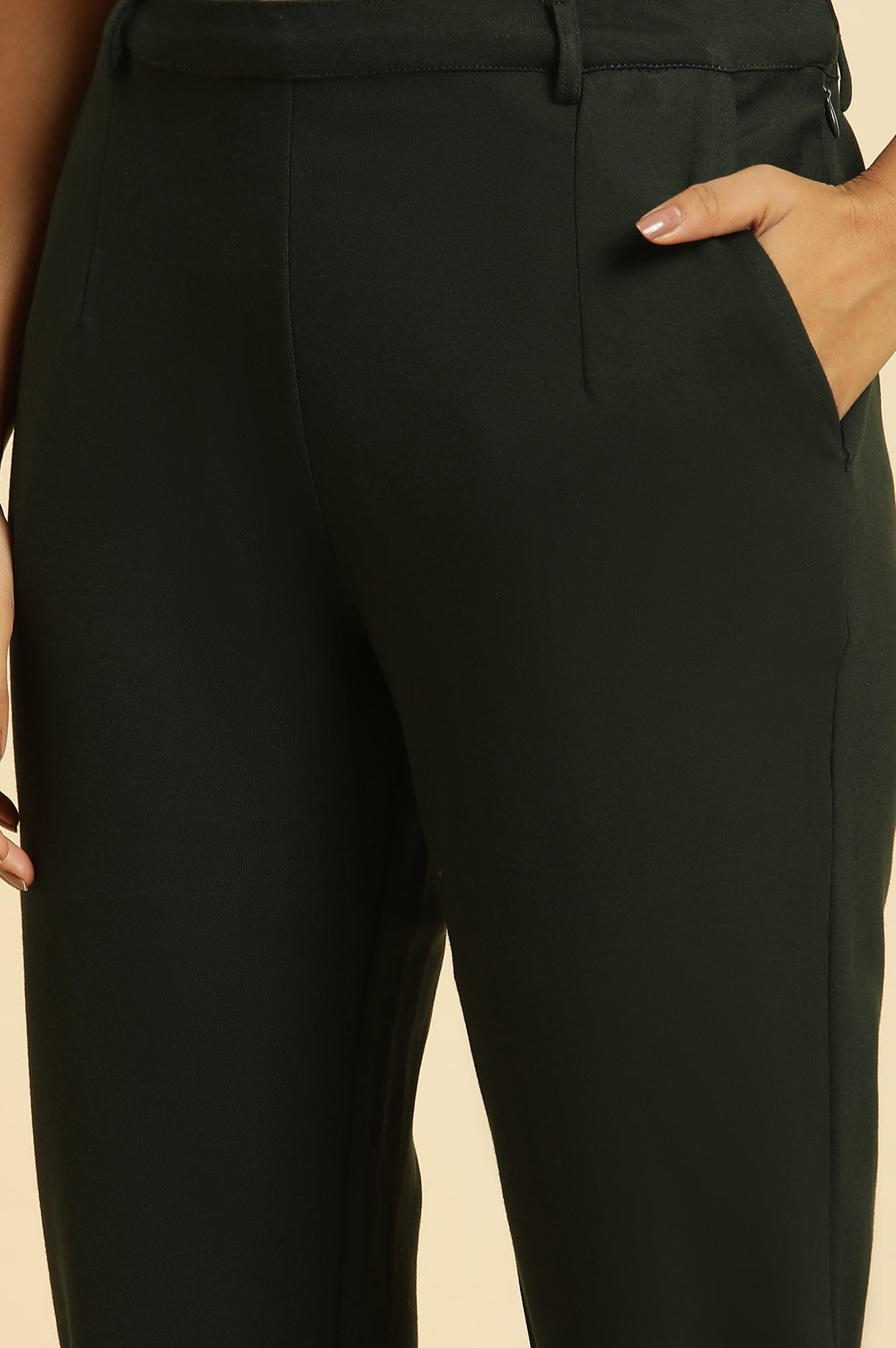 Dark Green Slim Fit Elasticated Western Pants - wforwoman