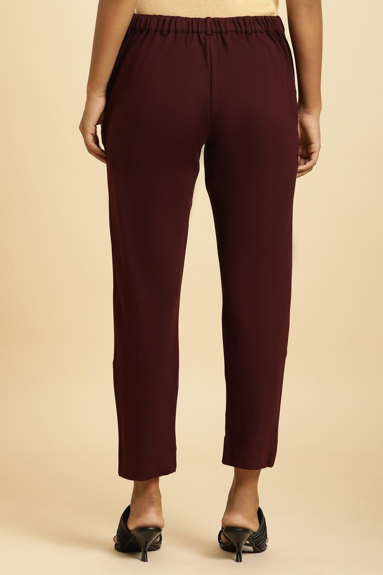 Wine Slim Fit Elasticated Western Pants - wforwoman