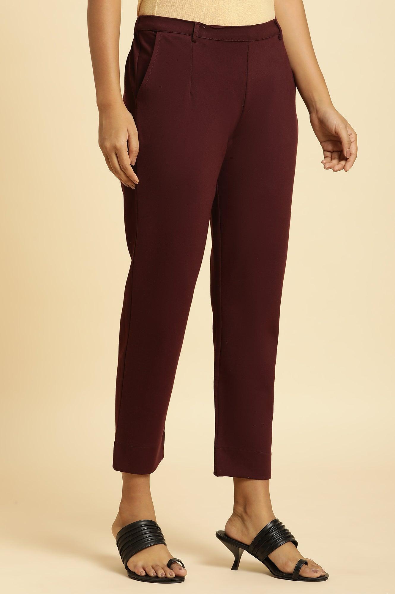 Wine Slim Fit Elasticated Western Pants - wforwoman