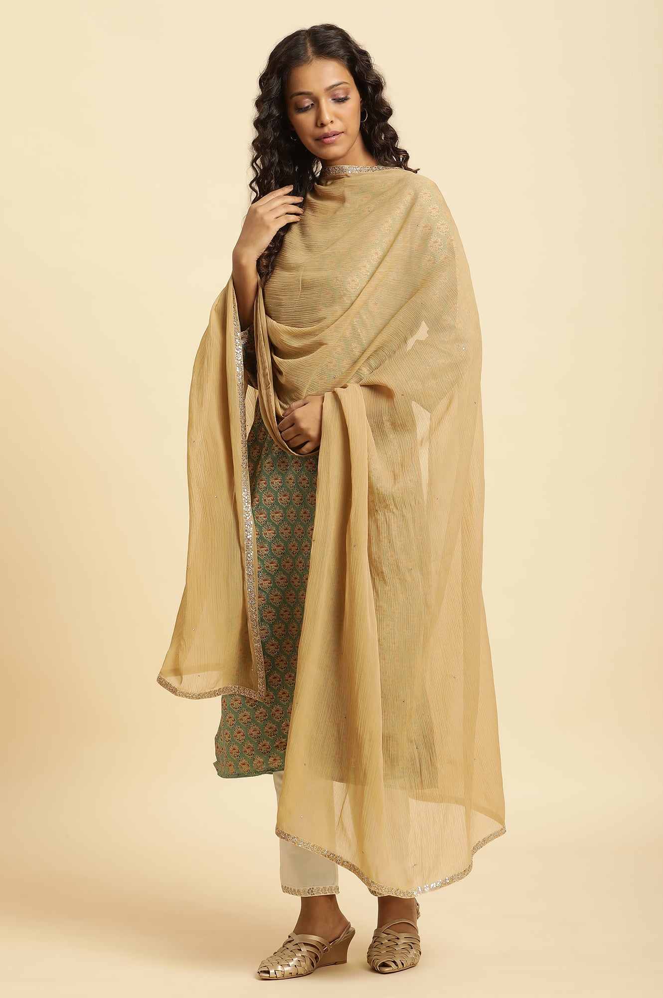 Gold Solid Sequined Rectangular Chiffon Dupatta