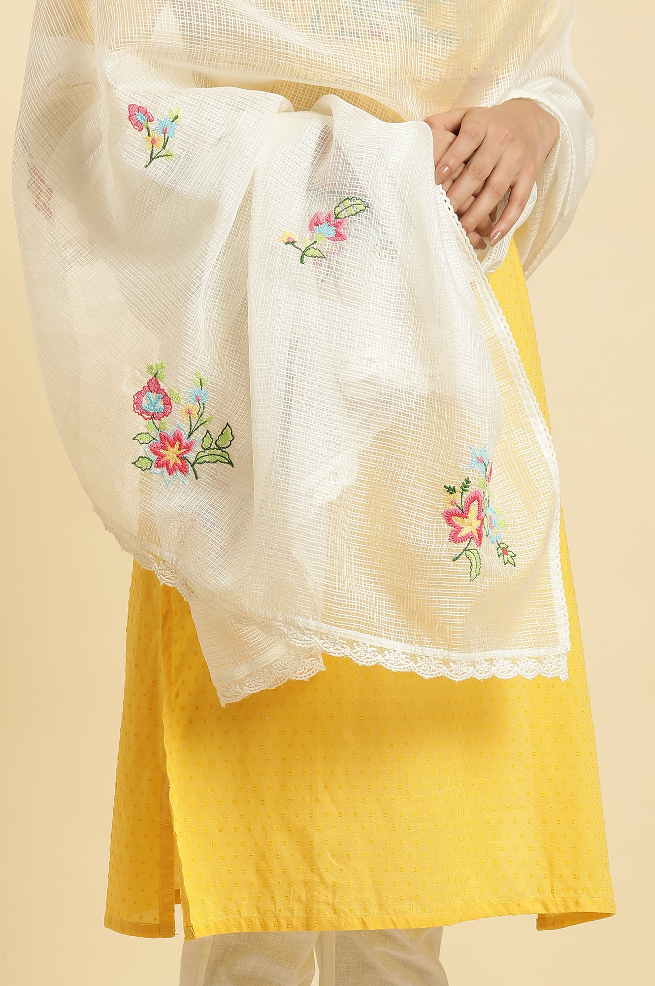 White Floral Embroidered Lace Trim Kota Dupatta
