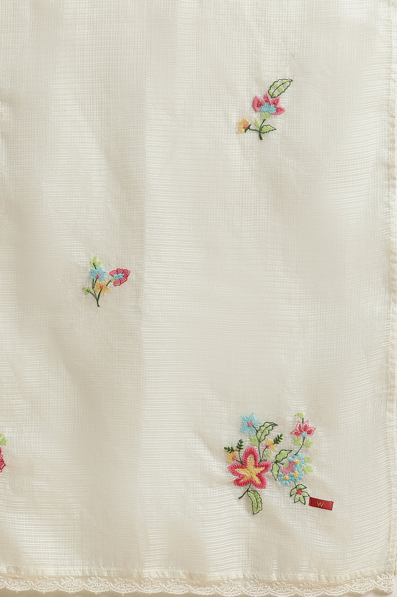 White Floral Embroidered Lace Trim Kota Dupatta
