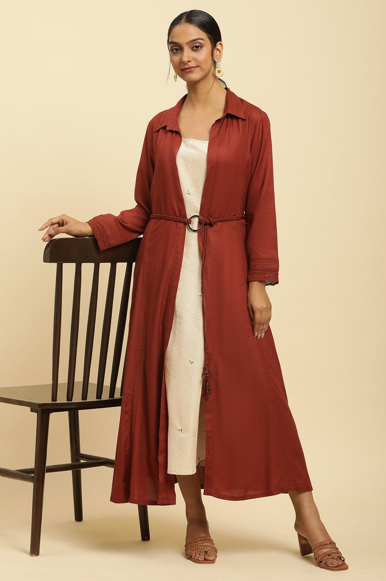 Buy Rust Red Front Open Jacket And Strappy Dress Set Online for Woman