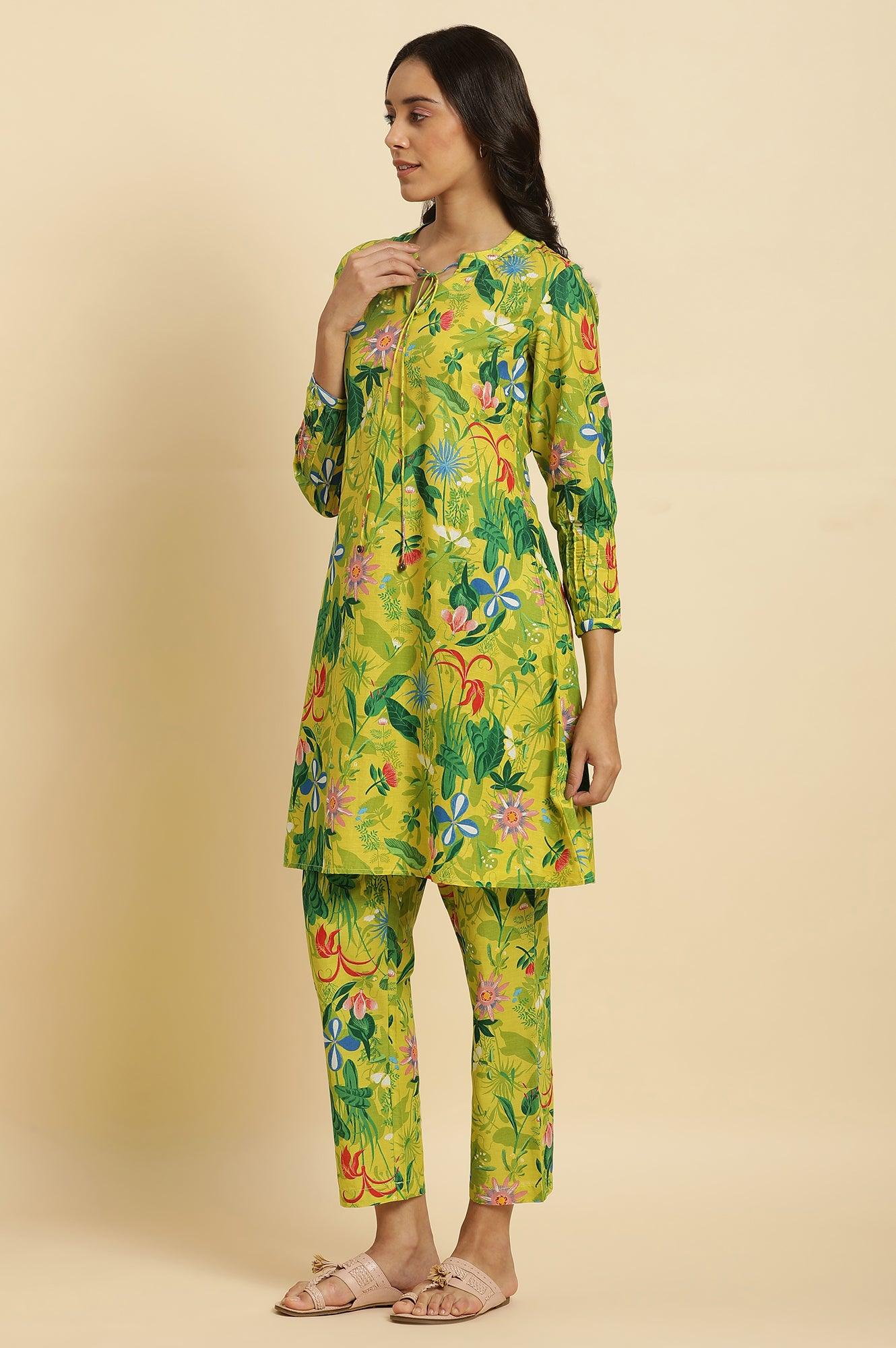 Green Floral Printed A-Line Kurta & Pants Co-Ord Set - wforwoman