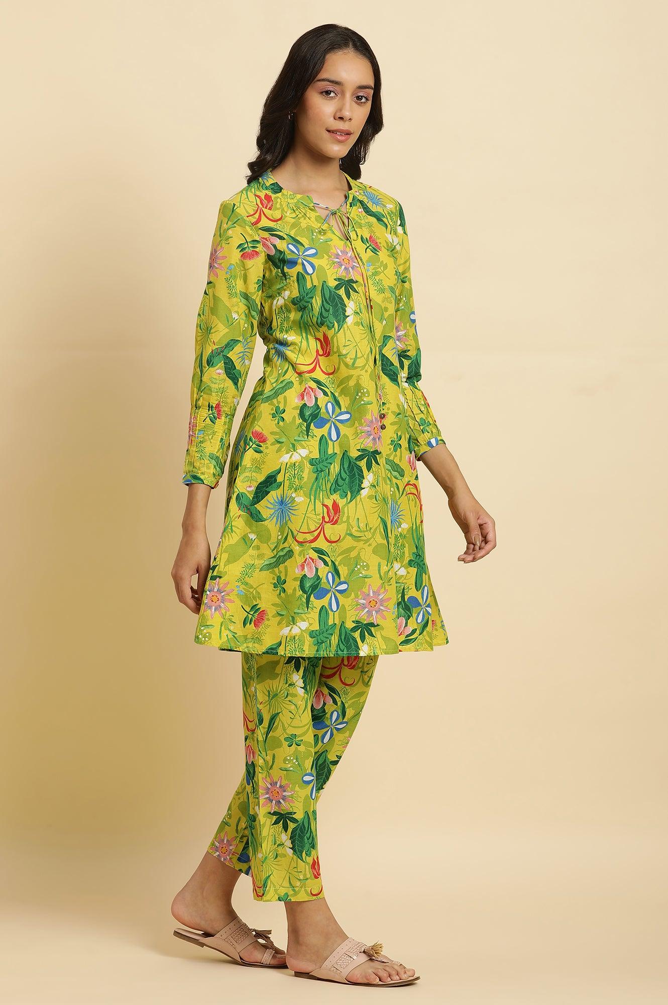 Green Floral Printed A-Line Kurta & Pants Co-Ord Set - wforwoman