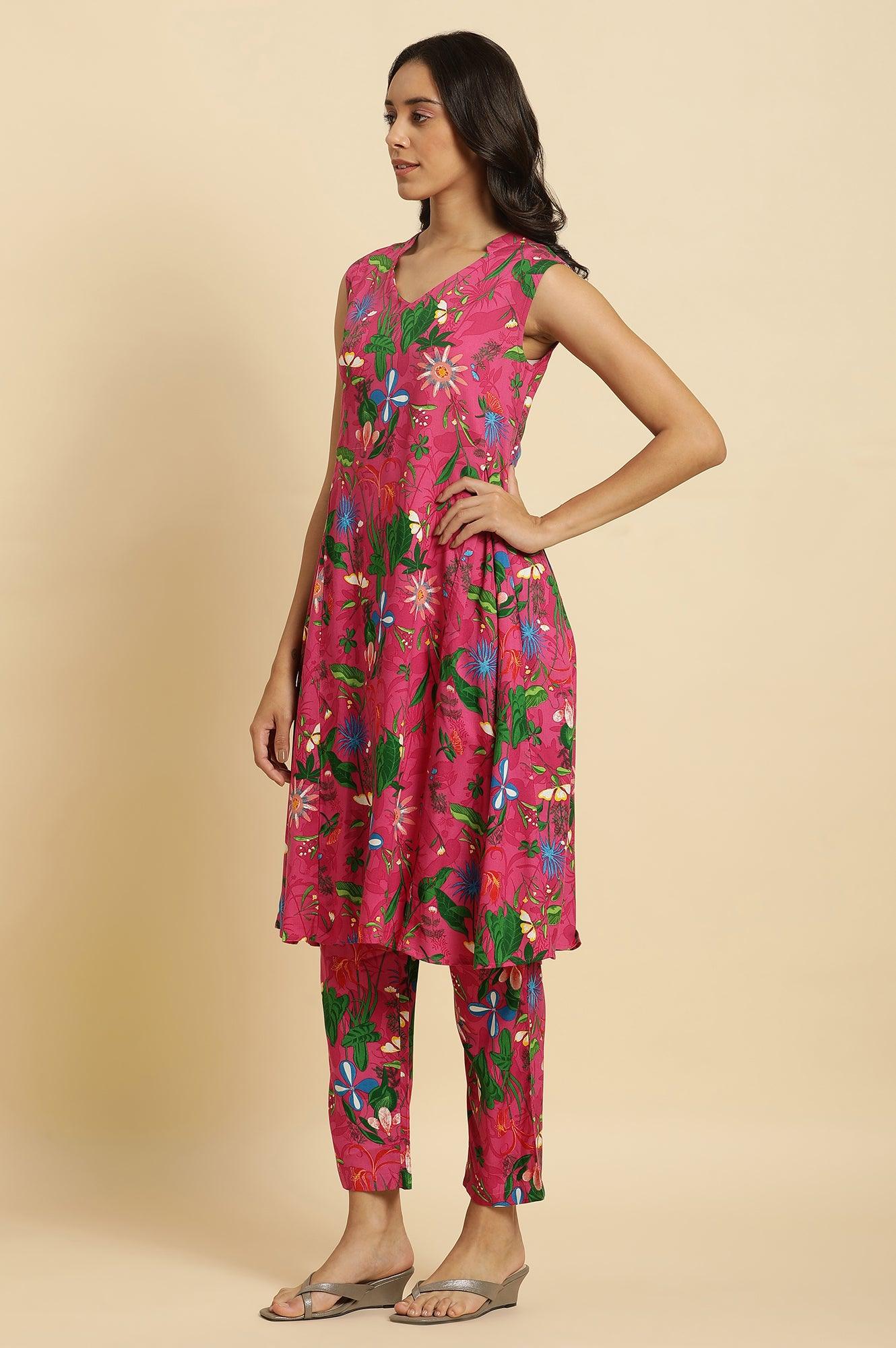 Pink Floral Printed Sleeveless Kurta & Pants Co-Ord Set - wforwoman