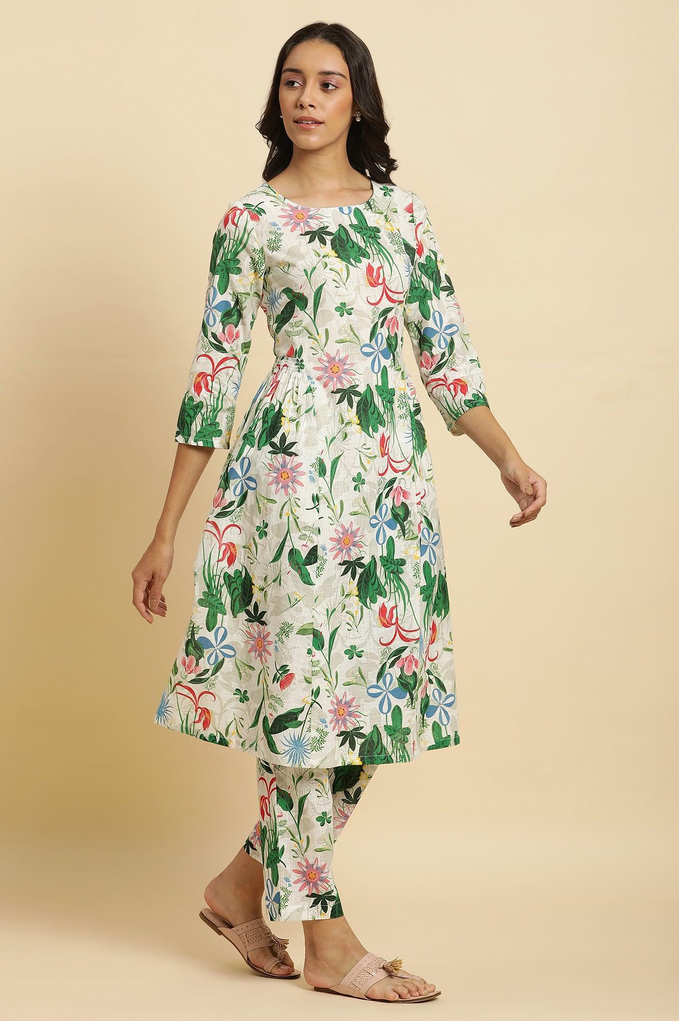 White Floral Printed A-Line Kurta And Pants Co-Ord Set - wforwoman