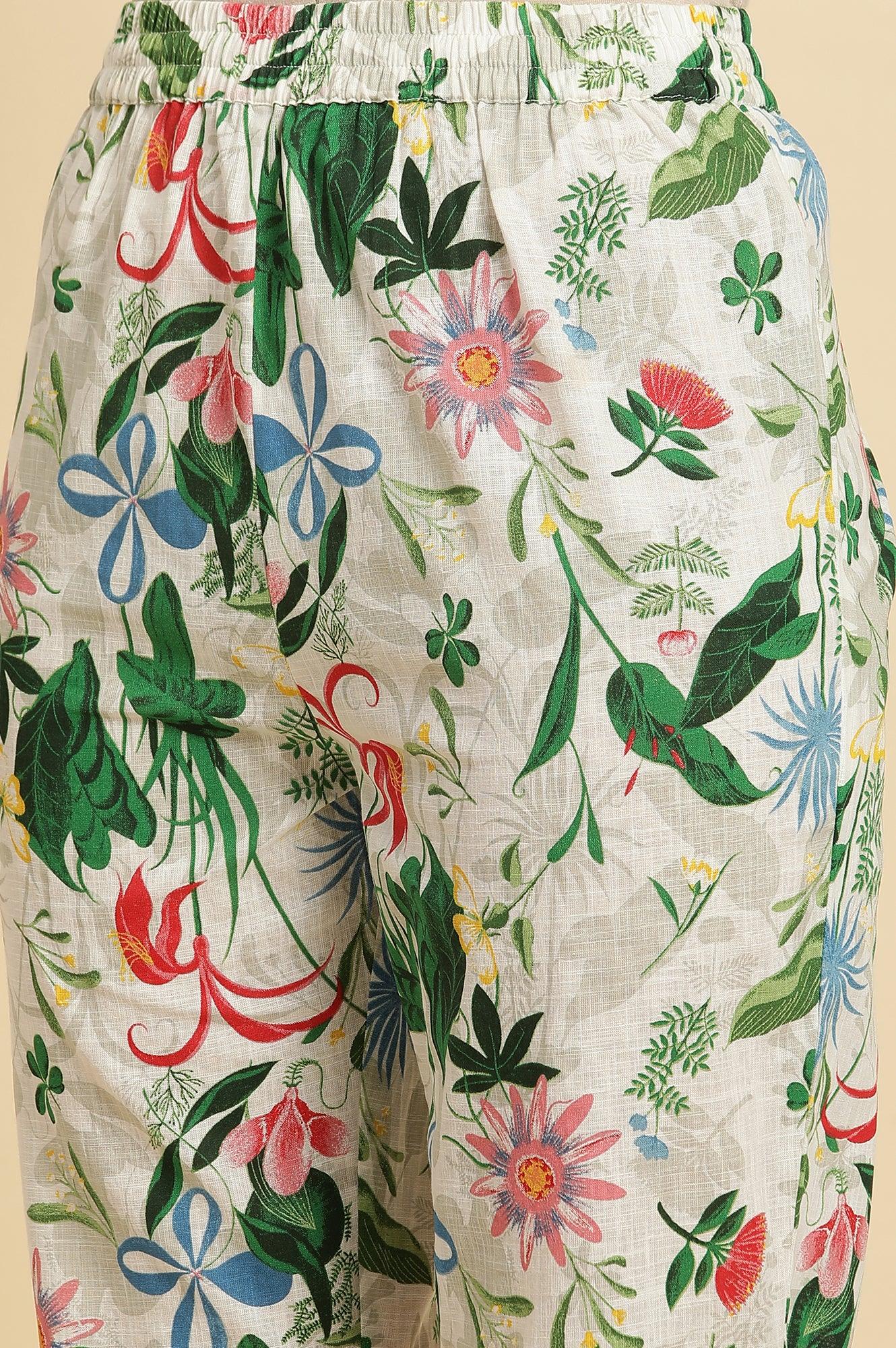 White Floral Printed A-Line Kurta And Pants Co-Ord Set - wforwoman