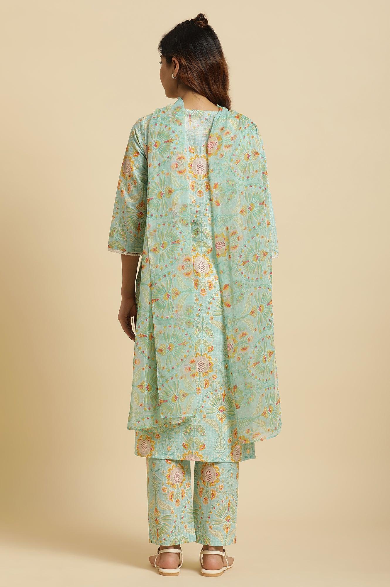 Light Green Floral Printed Kurta, Pants & Dupatta Set - wforwoman