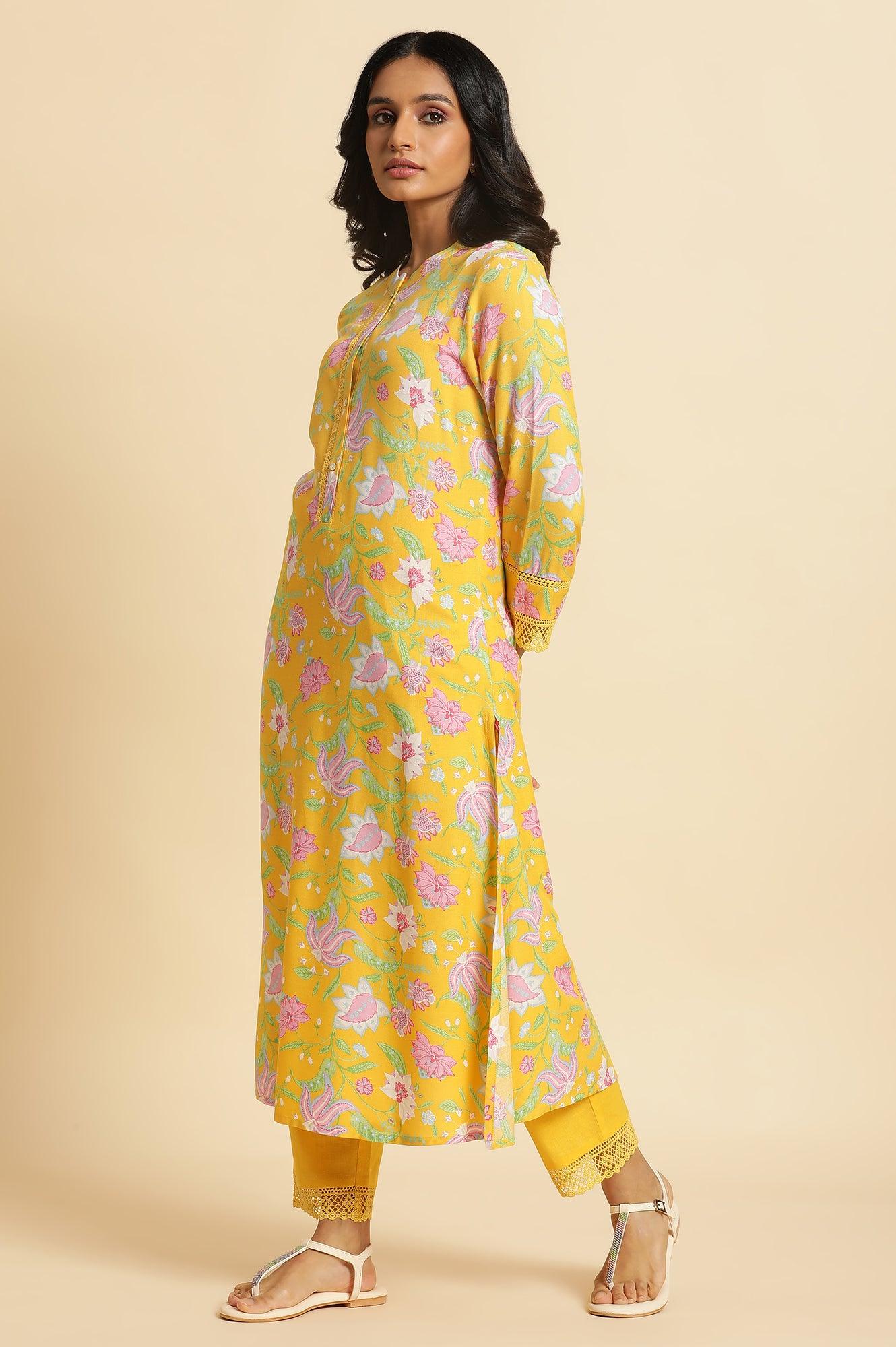Bright Yellow Floral Printed Kurta & Pants Set - wforwoman