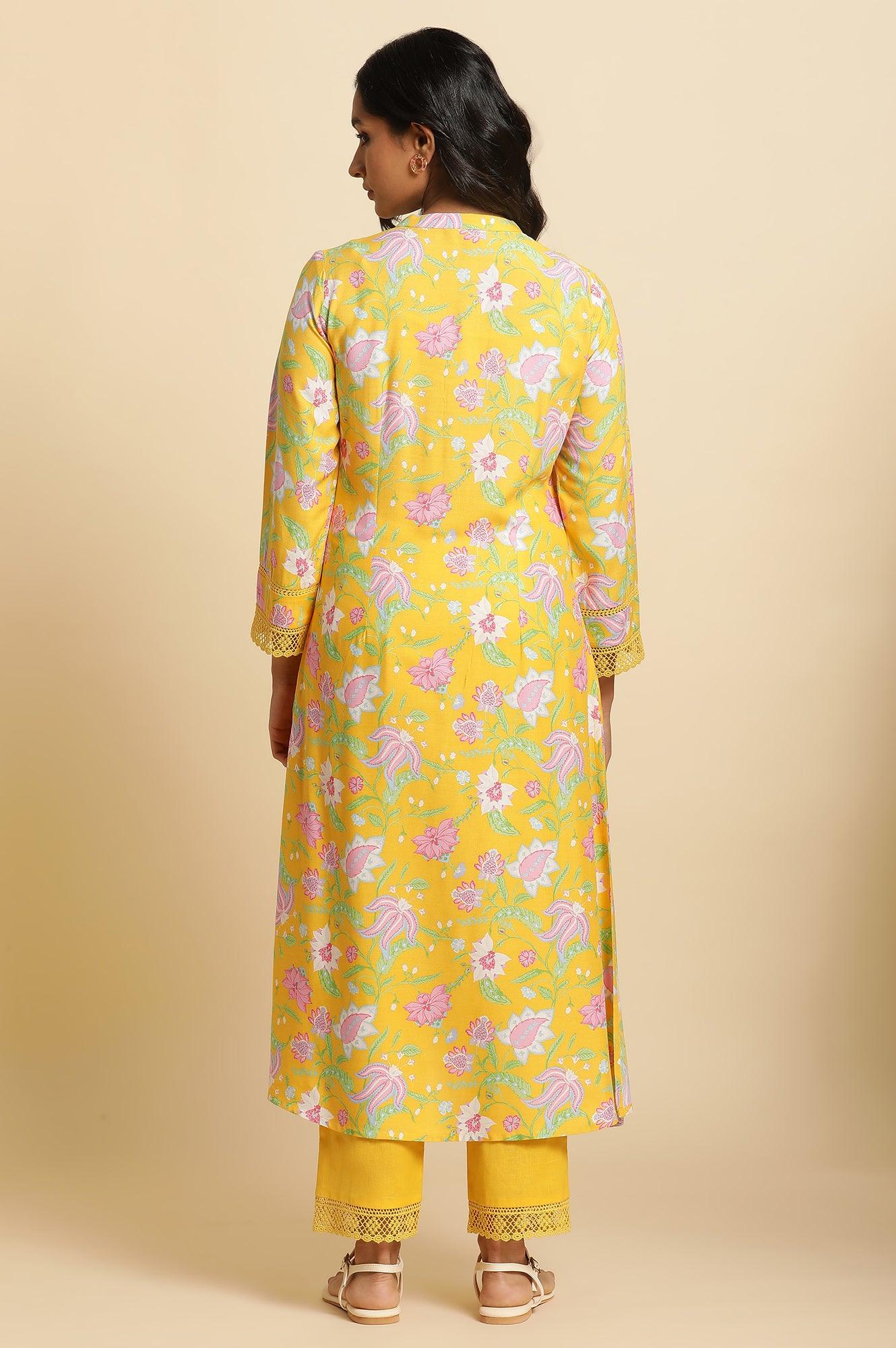 Bright Yellow Floral Printed Kurta & Pants Set - wforwoman