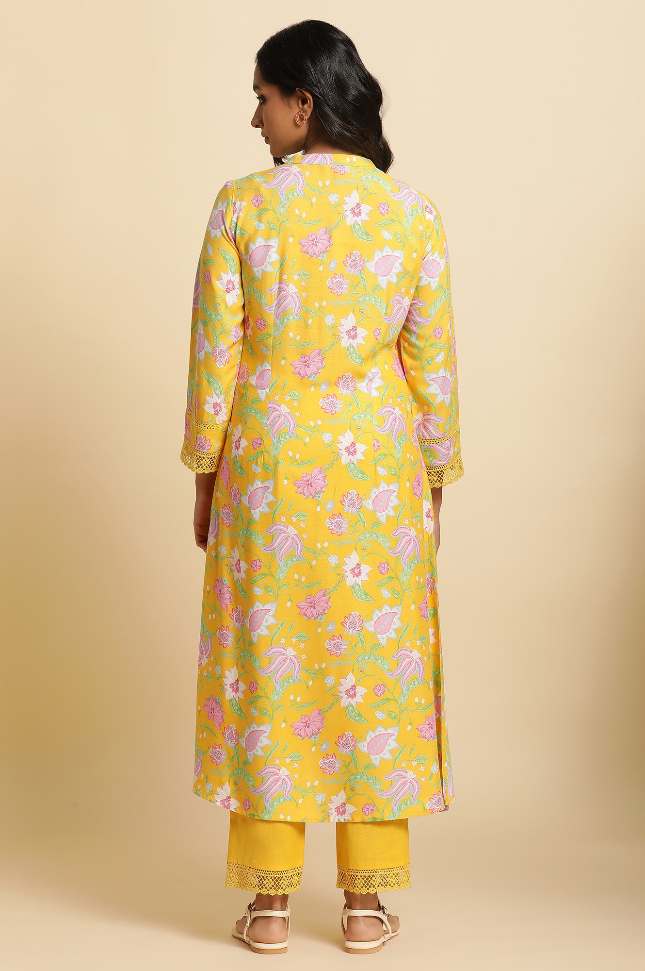Bright Yellow Floral Printed Kurta & Pants Set - wforwoman