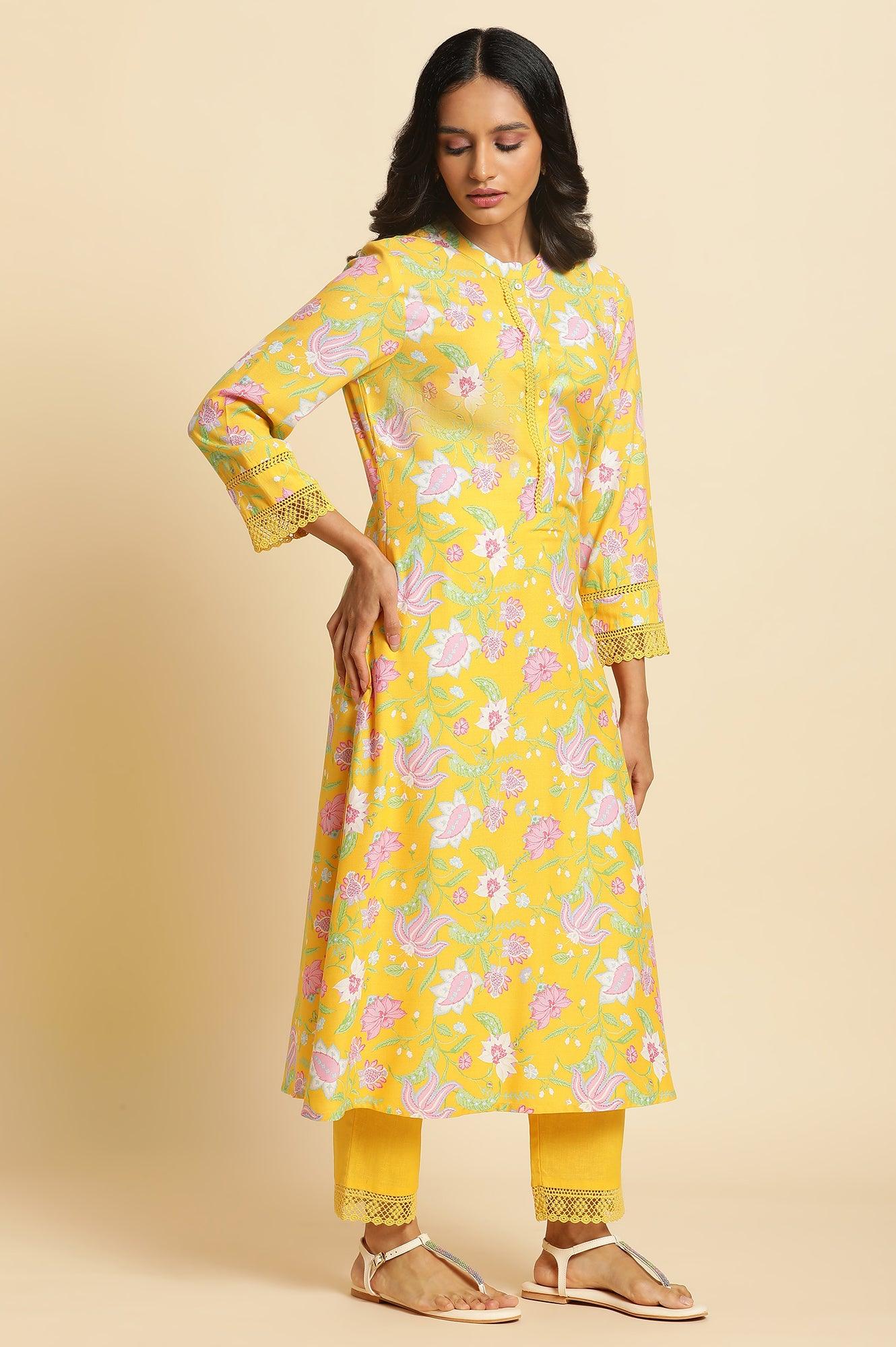 Bright Yellow Floral Printed Kurta & Pants Set - wforwoman