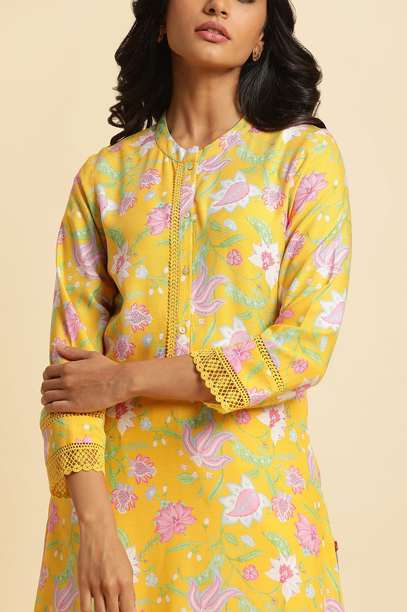 Bright Yellow Floral Printed Kurta & Pants Set - wforwoman
