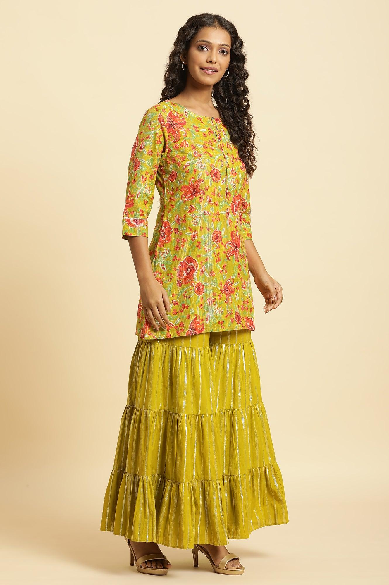 Green Floral Printed Short Kurta, Sharara And Dupatta Set - wforwoman