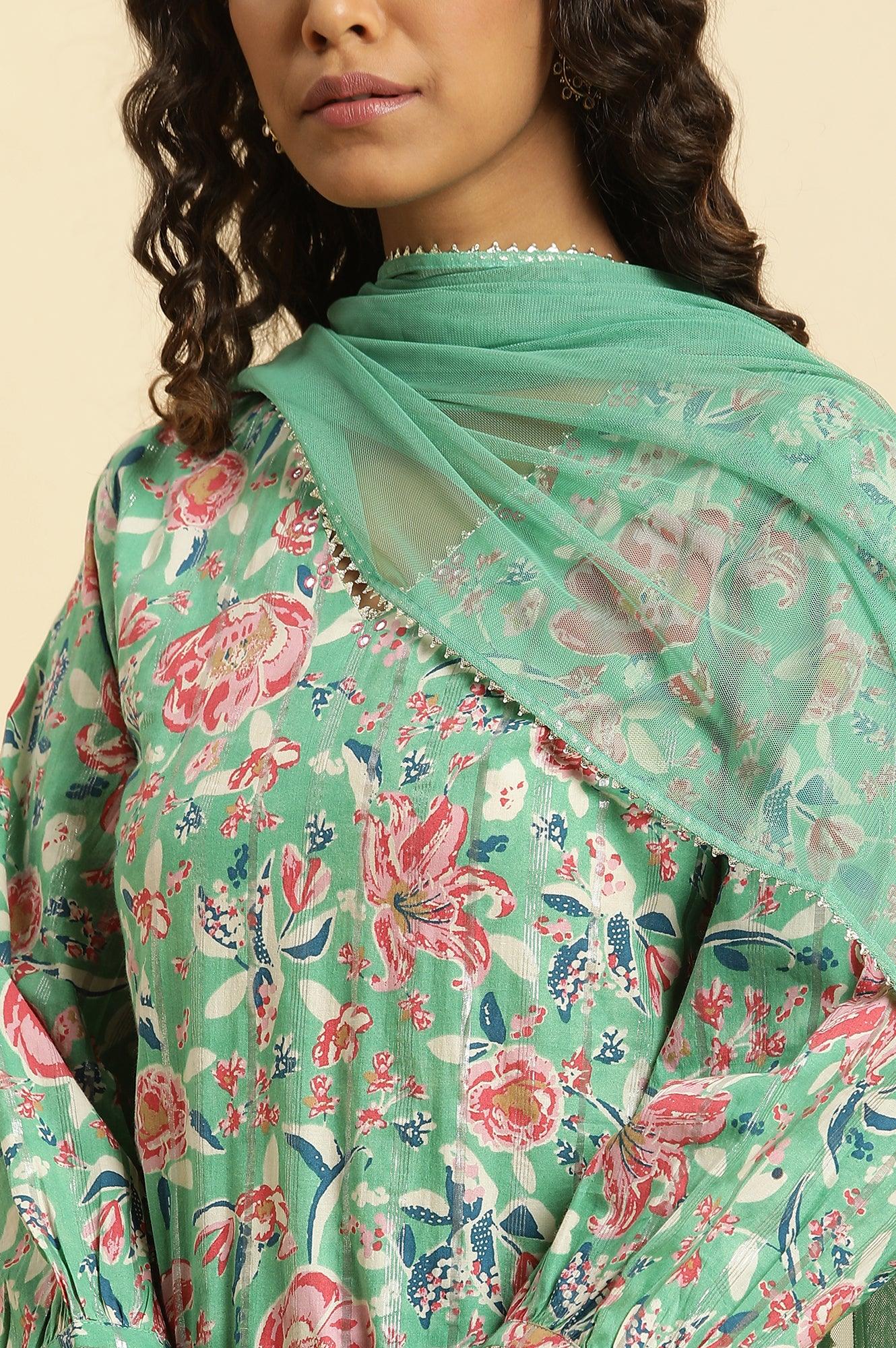 Mint Green Printed Short Kurta, Tiered Sharara And Dupatta - wforwoman